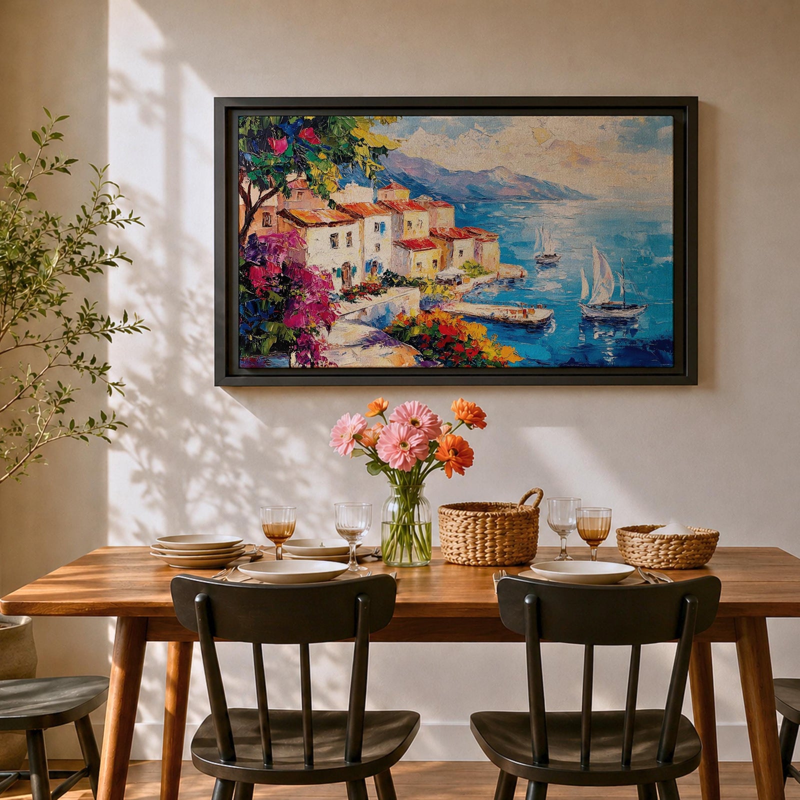 Amalfi Coast Wall Art Italian Coastal Village Framed Canvas Mediterranean Seascape Living Room Decor
