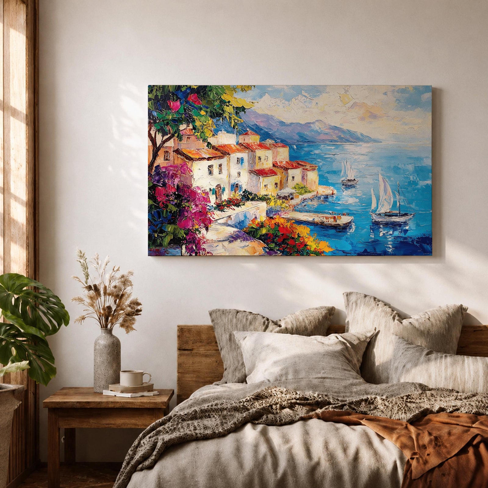Amalfi Coast Wall Art Italian Coastal Village Framed Canvas Mediterranean Seascape Living Room Decor