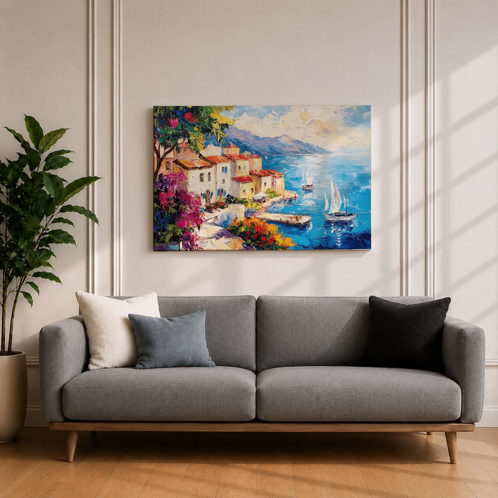 Amalfi Coast Wall Art Italian Coastal Village Framed Canvas Mediterranean Seascape Living Room Decor