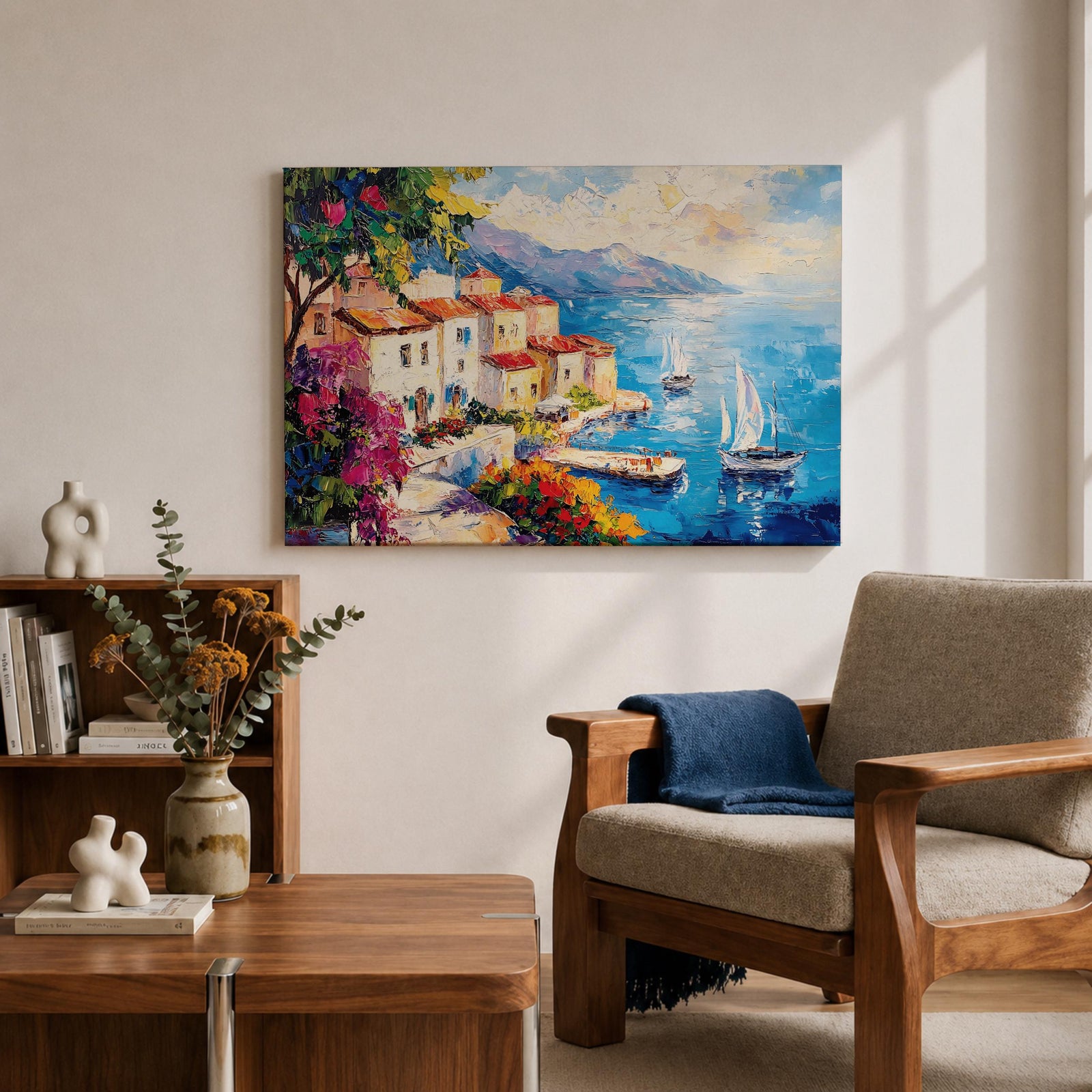 Amalfi Coast Wall Art Italian Coastal Village Framed Canvas Mediterranean Seascape Living Room Decor
