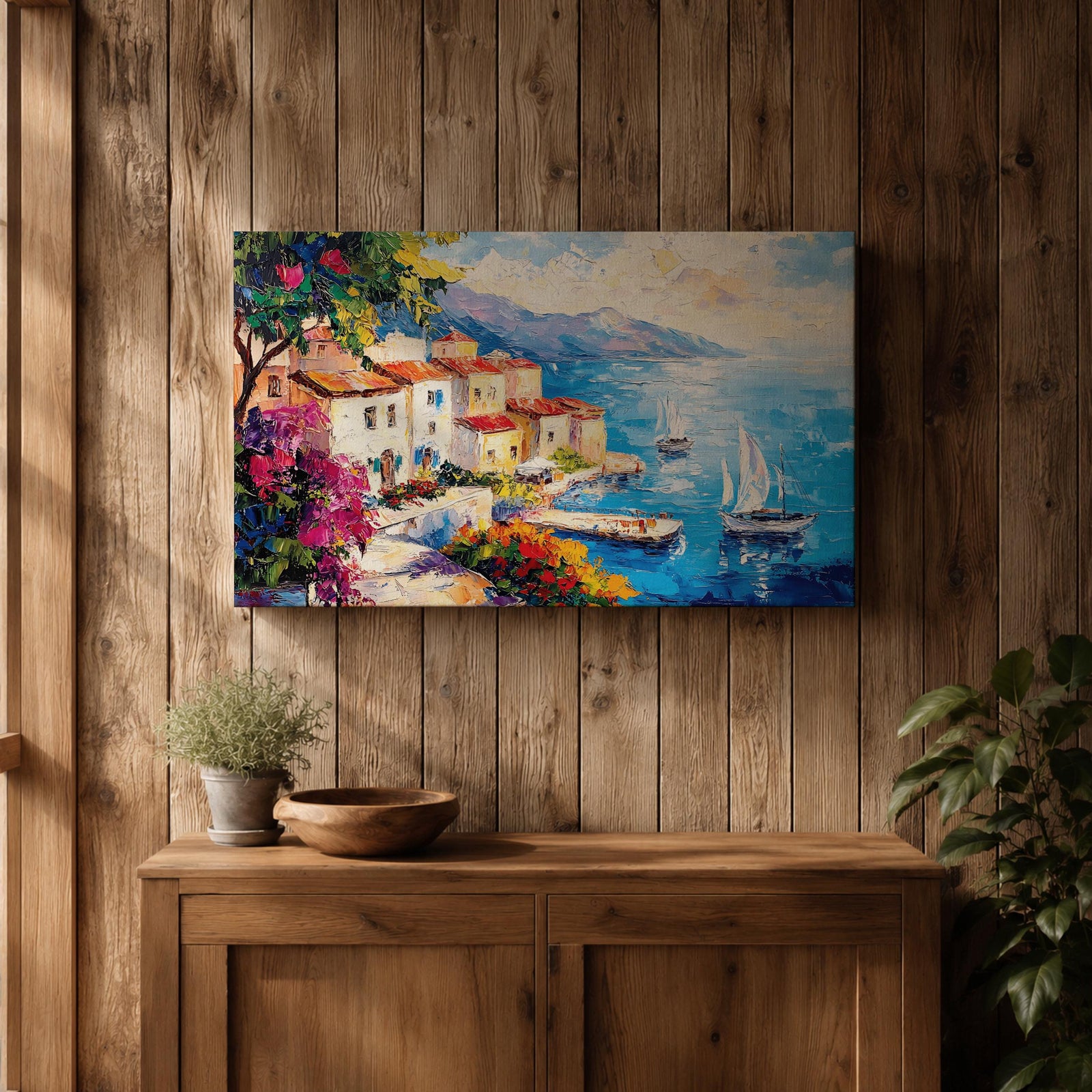 Amalfi Coast Wall Art Italian Coastal Village Framed Canvas Mediterranean Seascape Living Room Decor