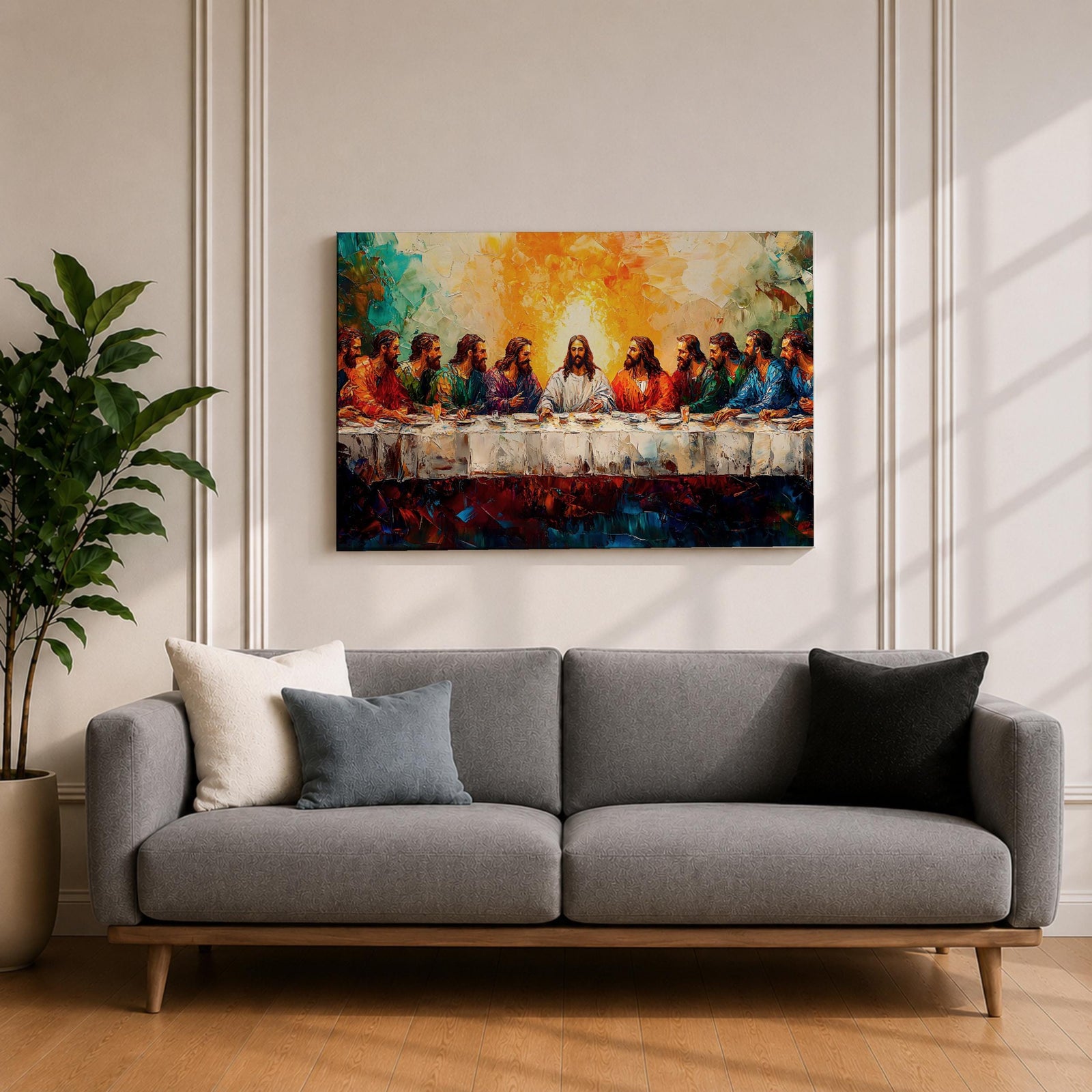 Last Supper Wall Art Jesus and Apostles Framed Canvas Biblical Impasto Christian Home Decor
