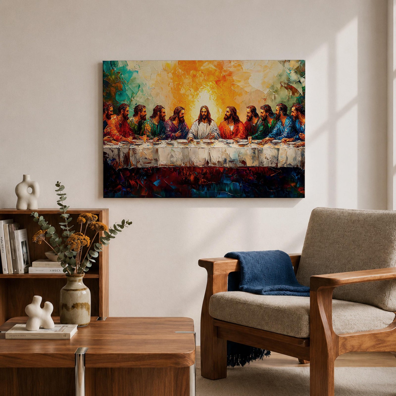 Last Supper Wall Art Jesus and Apostles Framed Canvas Biblical Impasto Christian Home Decor