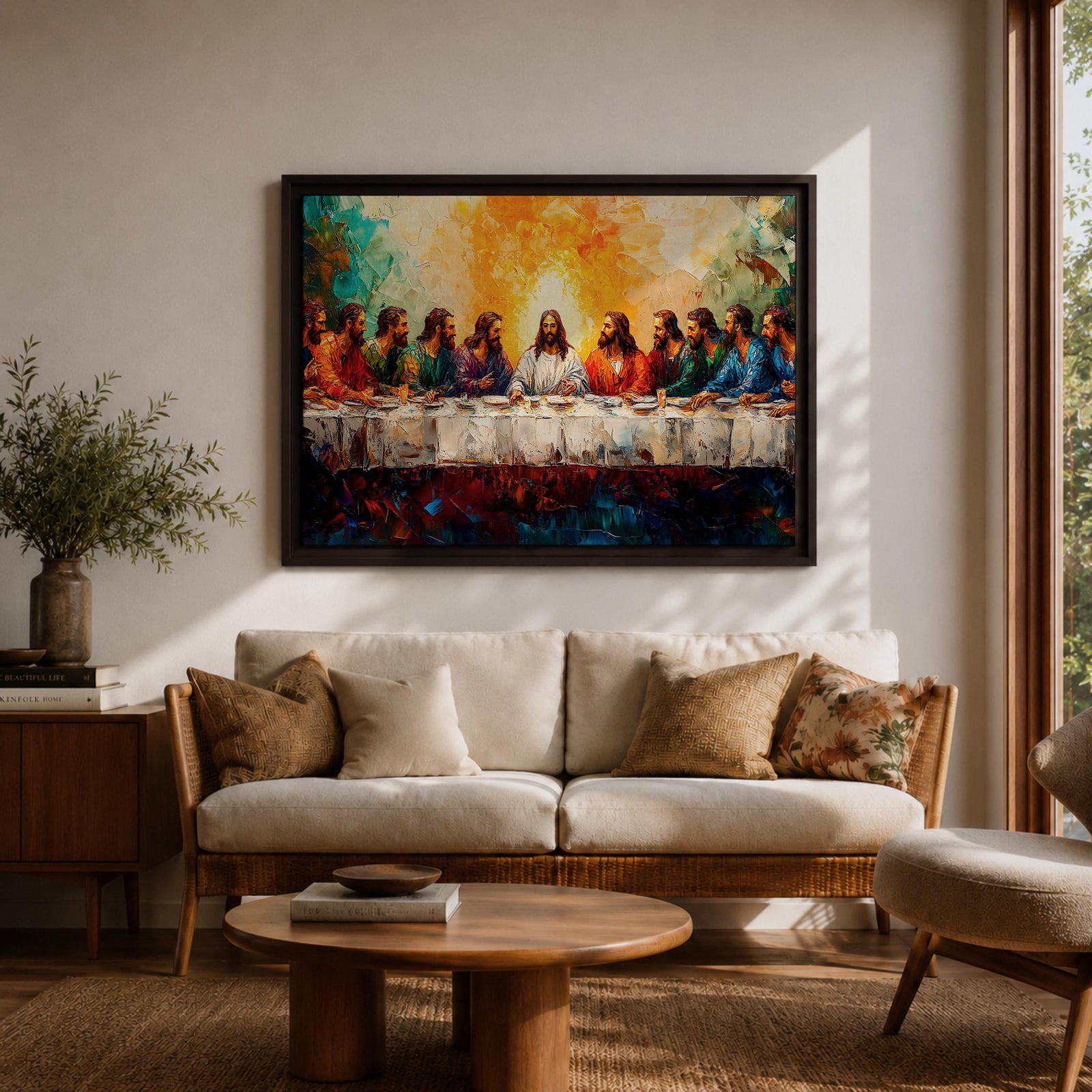 Last Supper Wall Art Jesus and Apostles Framed Canvas Biblical Impasto Christian Home Decor