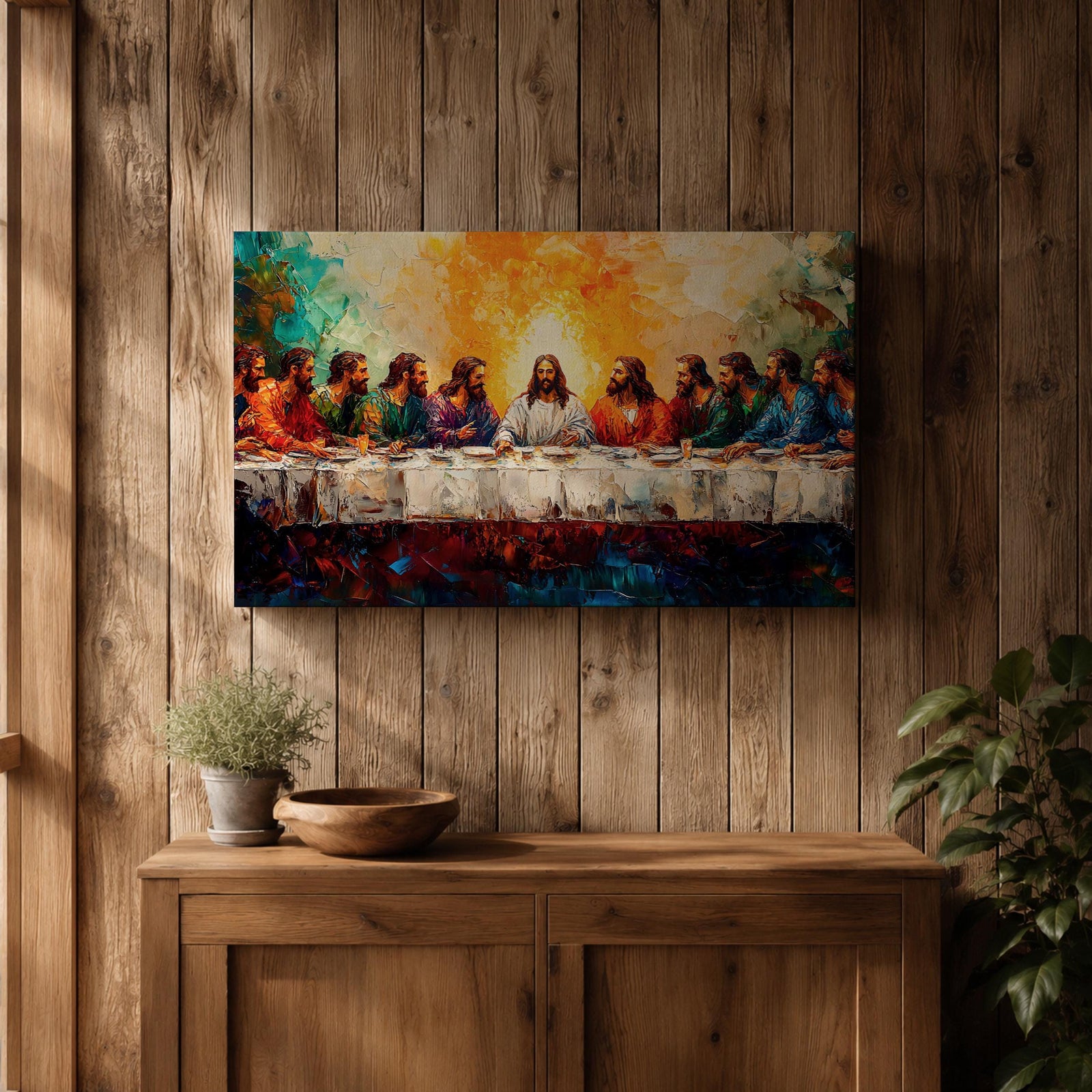 Last Supper Wall Art Jesus and Apostles Framed Canvas Biblical Impasto Christian Home Decor