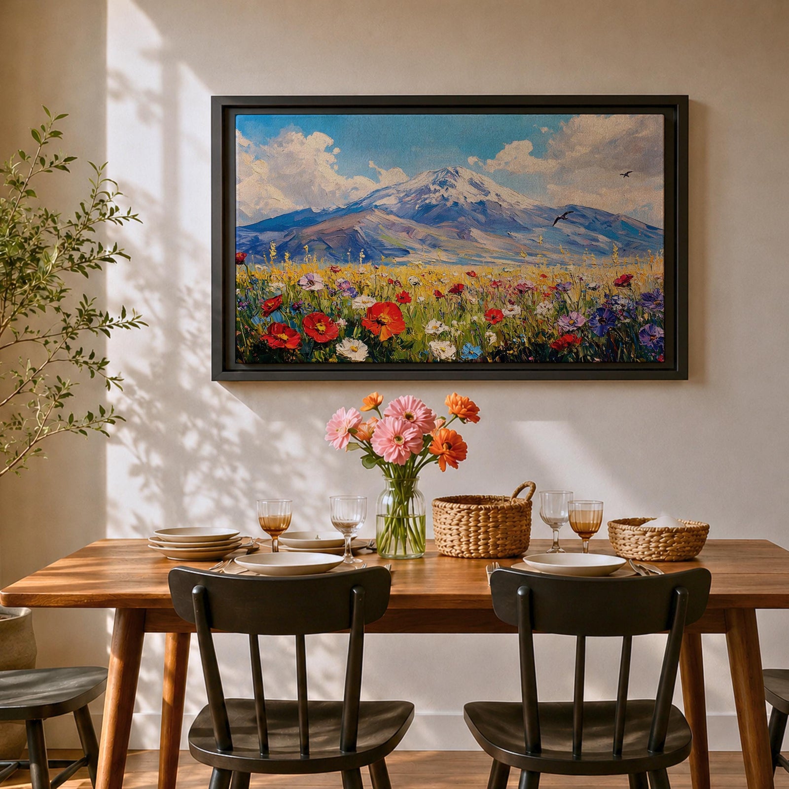 Mountain Wildflower Wall Art Alpine Meadow Framed Canvas Scenic Landscape Impasto Boho Home Decor