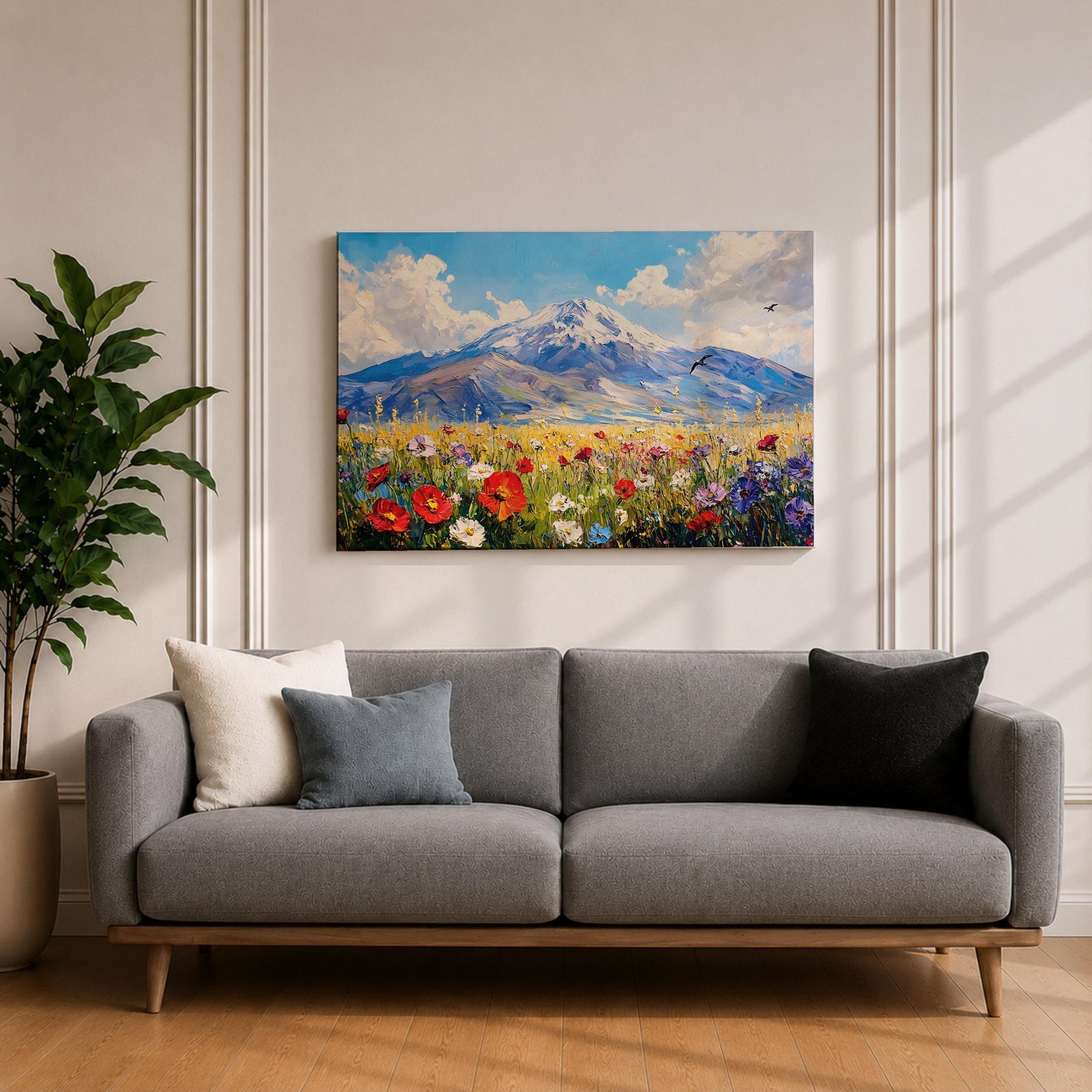 Mountain Wildflower Wall Art Alpine Meadow Framed Canvas Scenic Landscape Impasto Boho Home Decor