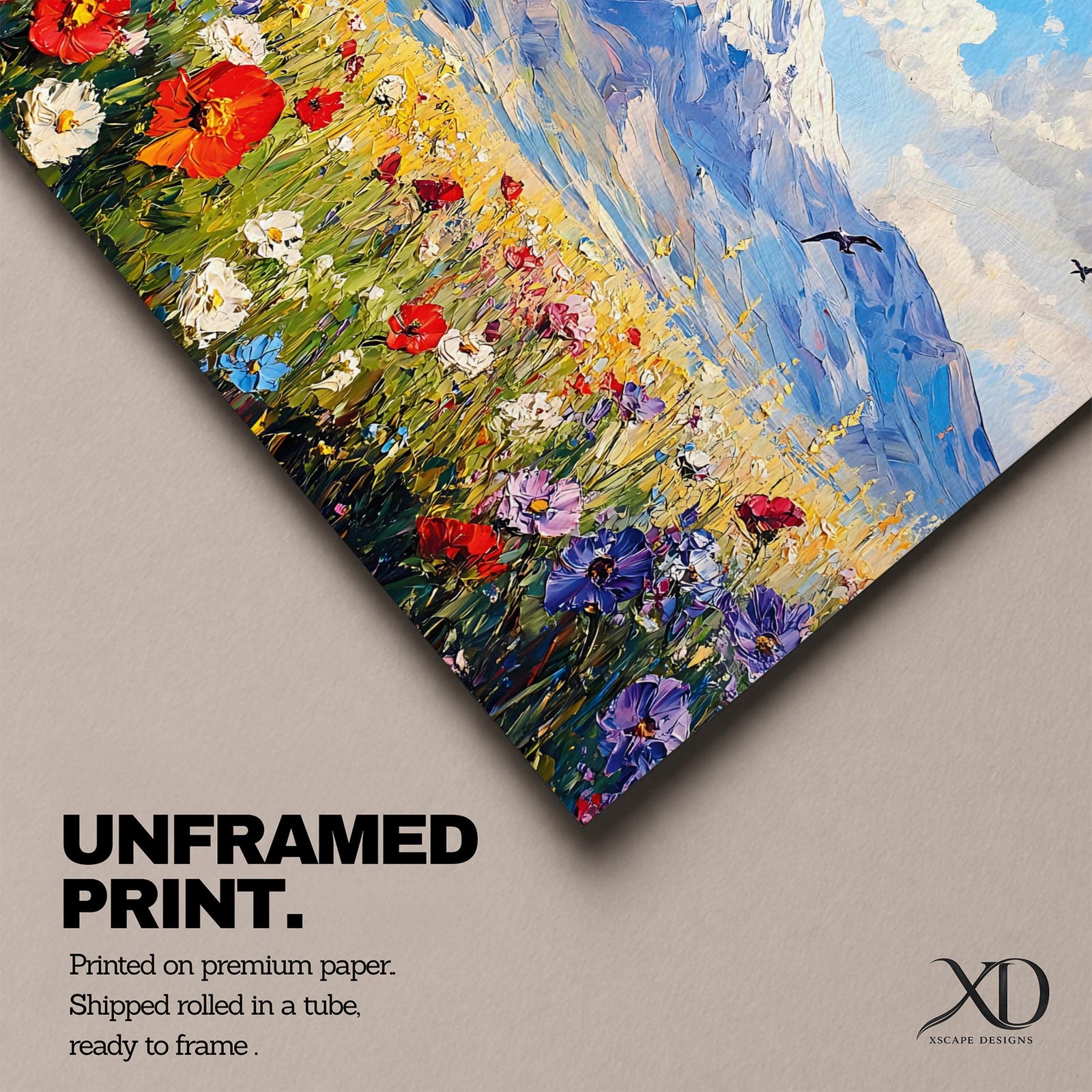 Mountain Wildflower Wall Art Alpine Meadow Framed Canvas Scenic Landscape Impasto Boho Home Decor