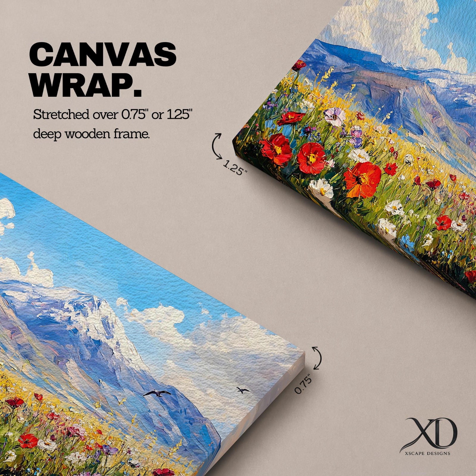 Mountain Wildflower Wall Art Alpine Meadow Framed Canvas Scenic Landscape Impasto Boho Home Decor