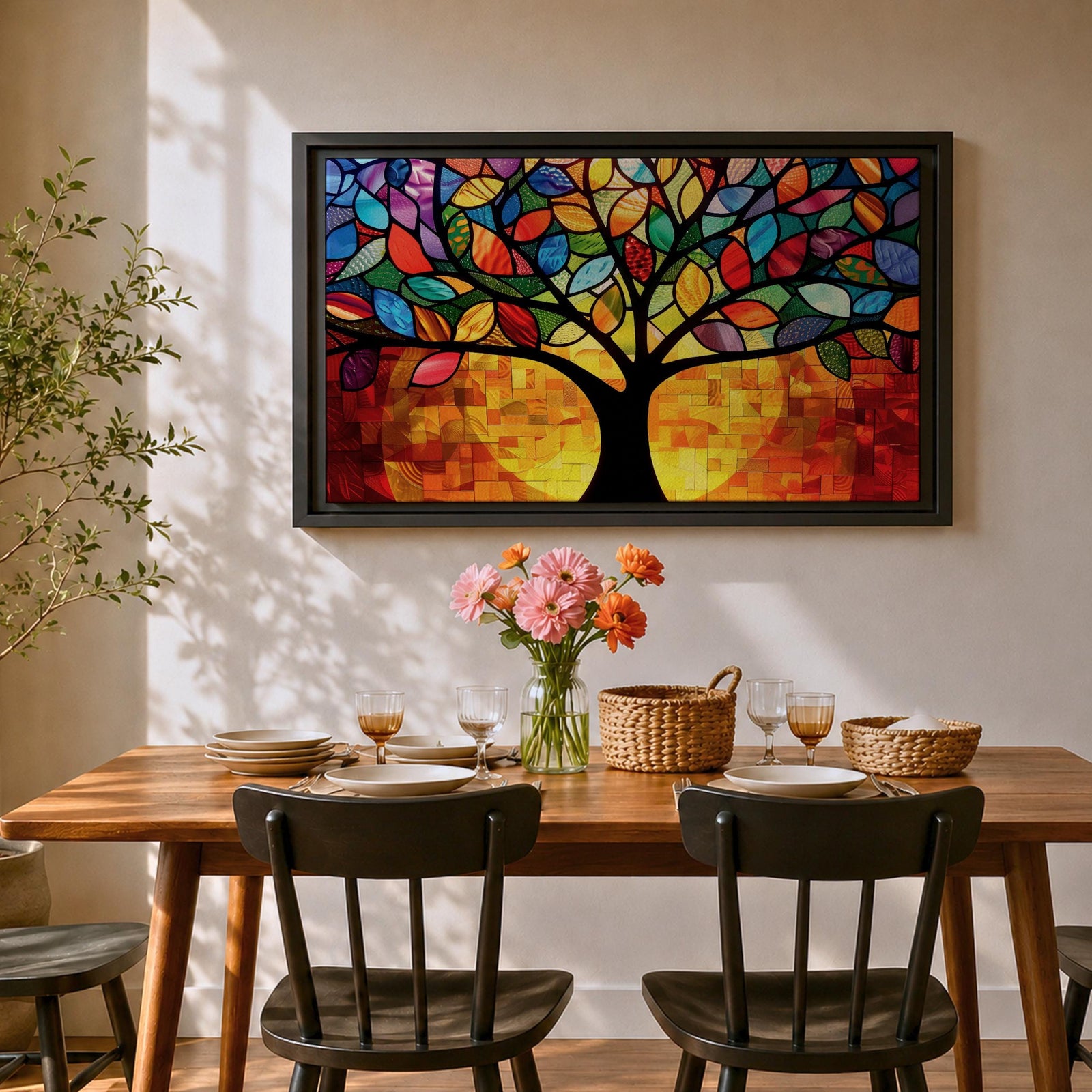 Tree of Life Wall Art Yggdrasil Framed Canvas Stained Glass Nature Living Room Decor