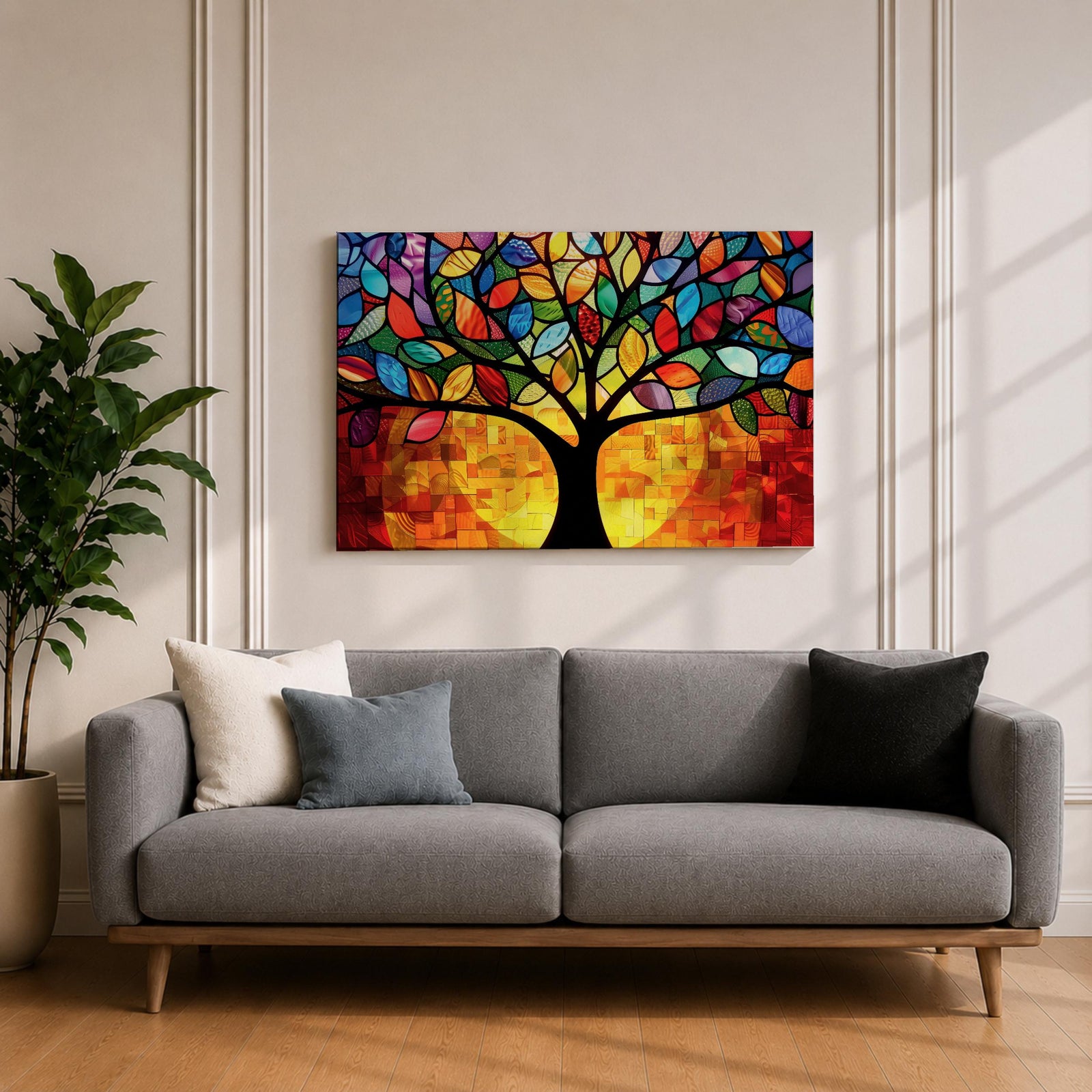 Tree of Life Wall Art Yggdrasil Framed Canvas Stained Glass Nature Living Room Decor