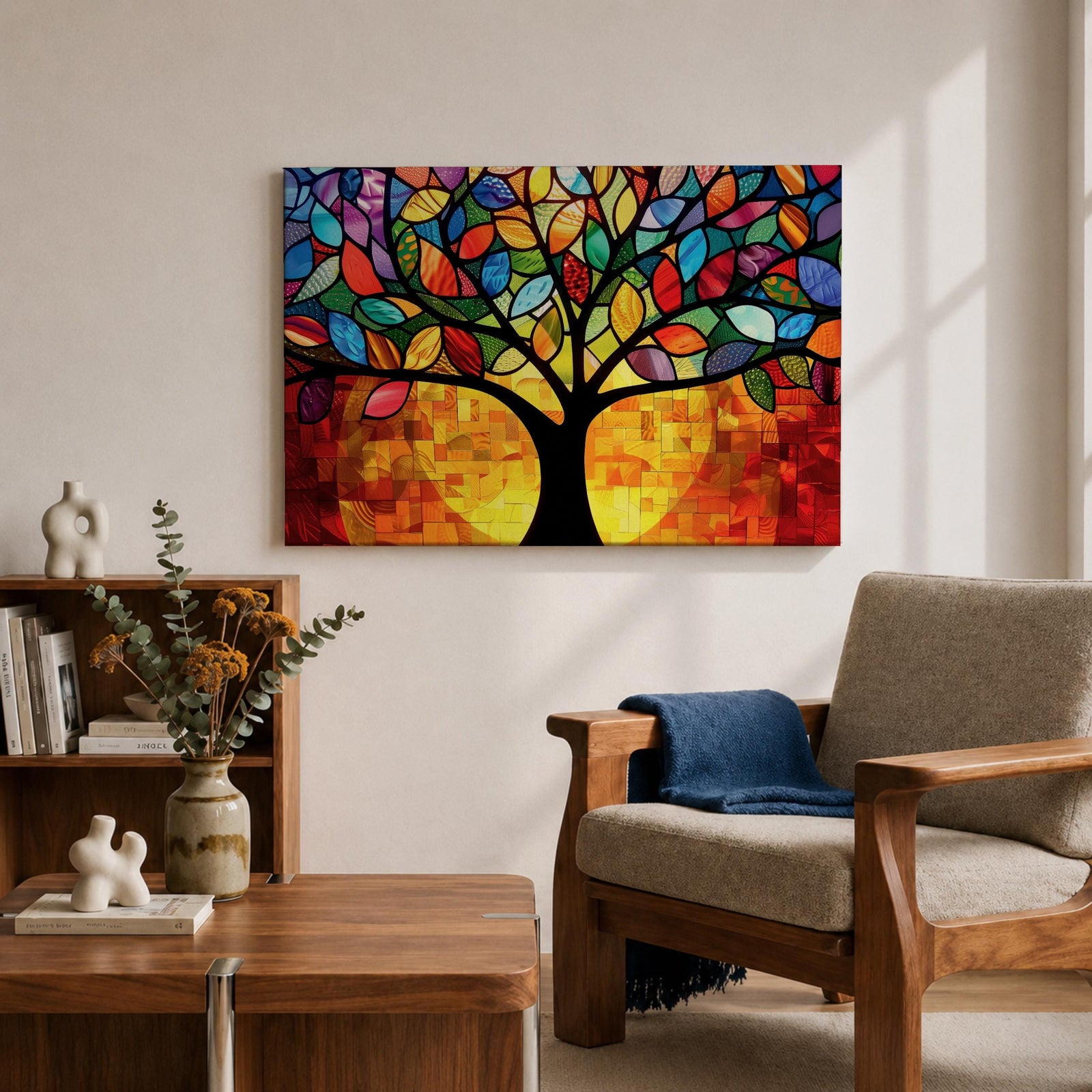 Tree of Life Wall Art Yggdrasil Framed Canvas Stained Glass Nature Living Room Decor
