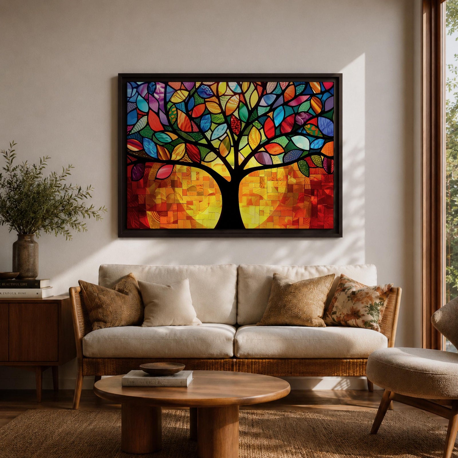 Tree of Life Wall Art Yggdrasil Framed Canvas Stained Glass Nature Living Room Decor