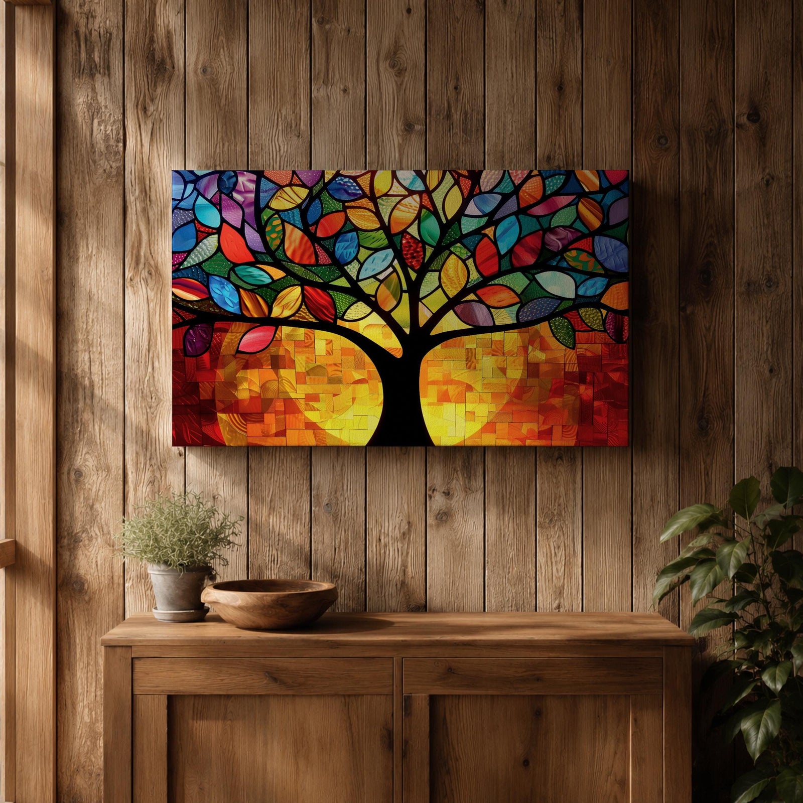 Tree of Life Wall Art Yggdrasil Framed Canvas Stained Glass Nature Living Room Decor