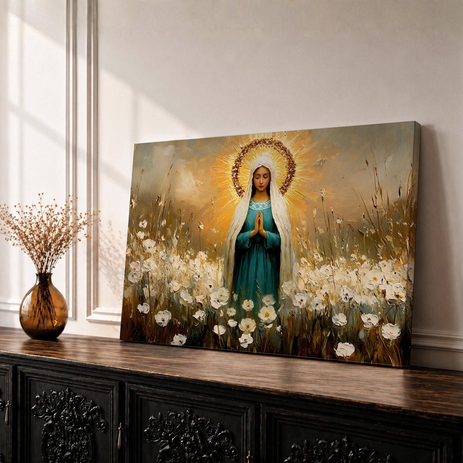 Virgin Mary Wall Art Our Lady Framed Canvas Marian Devotion Impasto Catholic Home Decor