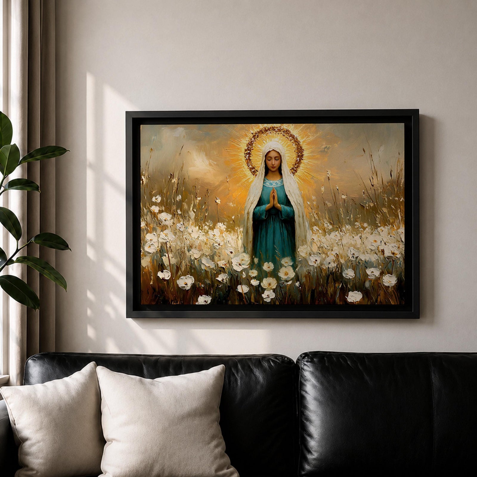 Virgin Mary Wall Art Our Lady Framed Canvas Marian Devotion Impasto Catholic Home Decor