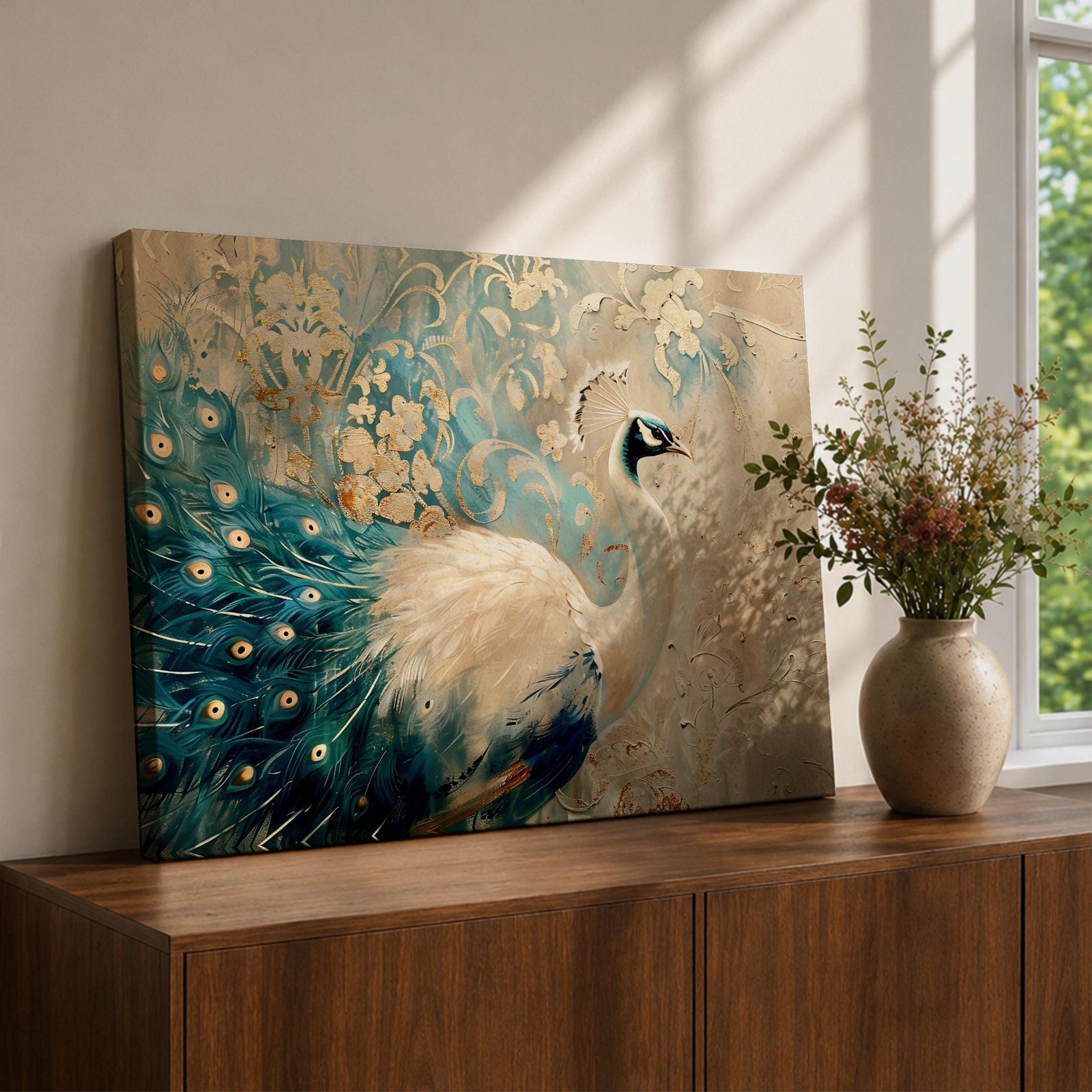Peacock Wall Art Indian Peafowl Framed Canvas Ornate Bird Vintage Exotic Home Decor