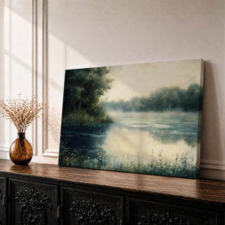 Misty Lake Wall Art Foggy Waters Framed Canvas Vintage Landscape Rustic Cabin Home Decor