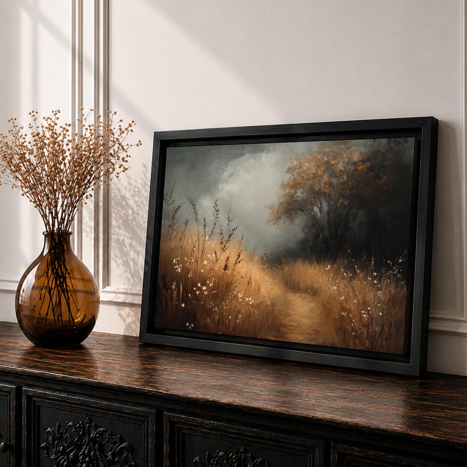 Meadow Landscape Wall Art Wildflower Field Framed Canvas Rustic Botanical Vintage Home Decor