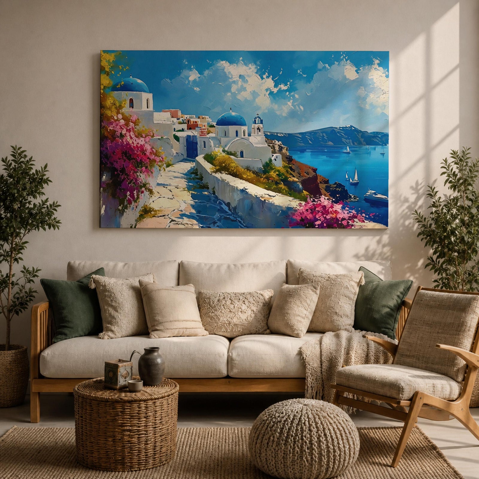Santorini Landscape Wall Art Oia Greece Framed Canvas Coastal Living Room Boho Home Decor