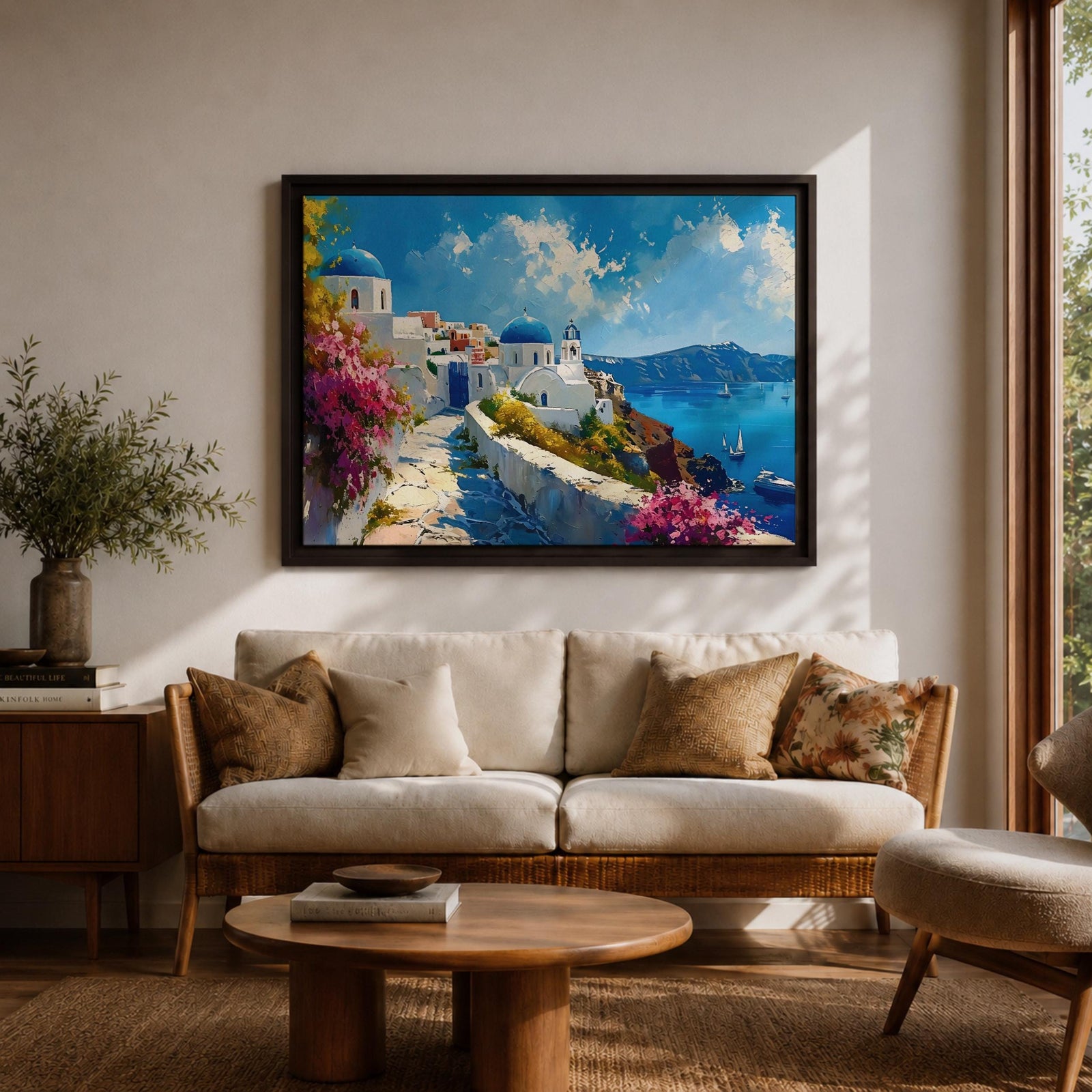 Santorini Landscape Wall Art Oia Greece Framed Canvas Coastal Living Room Boho Home Decor
