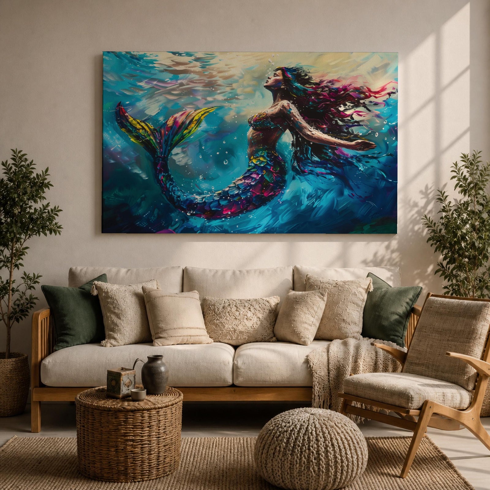 Mermaid Wall Art Sea Nymph Framed Canvas Ocean Fantasy Mythology Coastal Nautical Marine Decor
