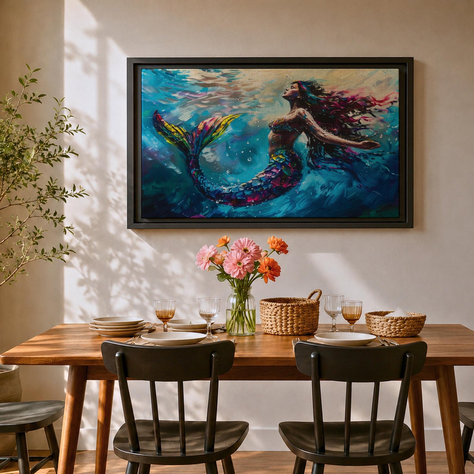 Mermaid Wall Art Sea Nymph Framed Canvas Ocean Fantasy Mythology Coastal Nautical Marine Decor