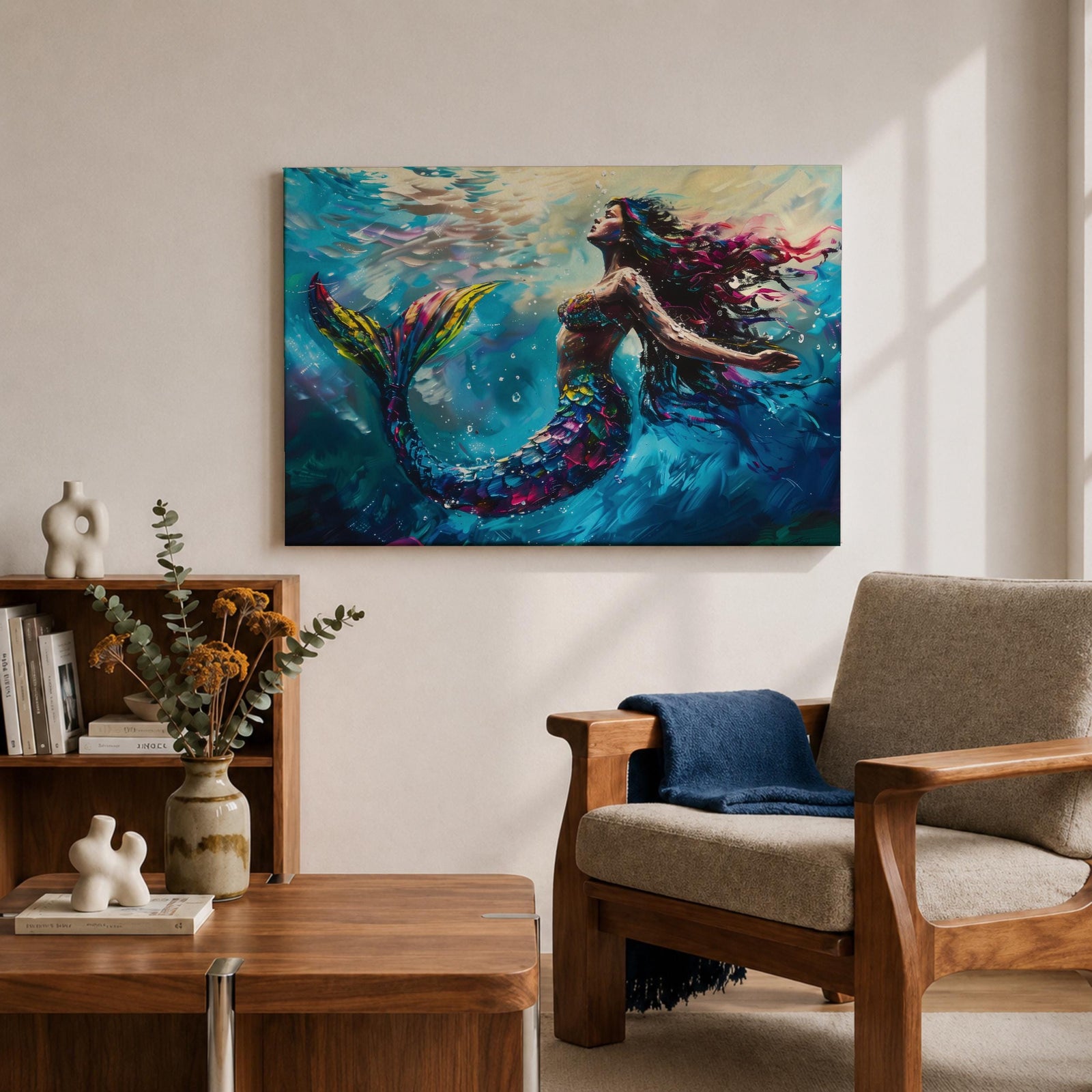 Mermaid Wall Art Sea Nymph Framed Canvas Ocean Fantasy Mythology Coastal Nautical Marine Decor