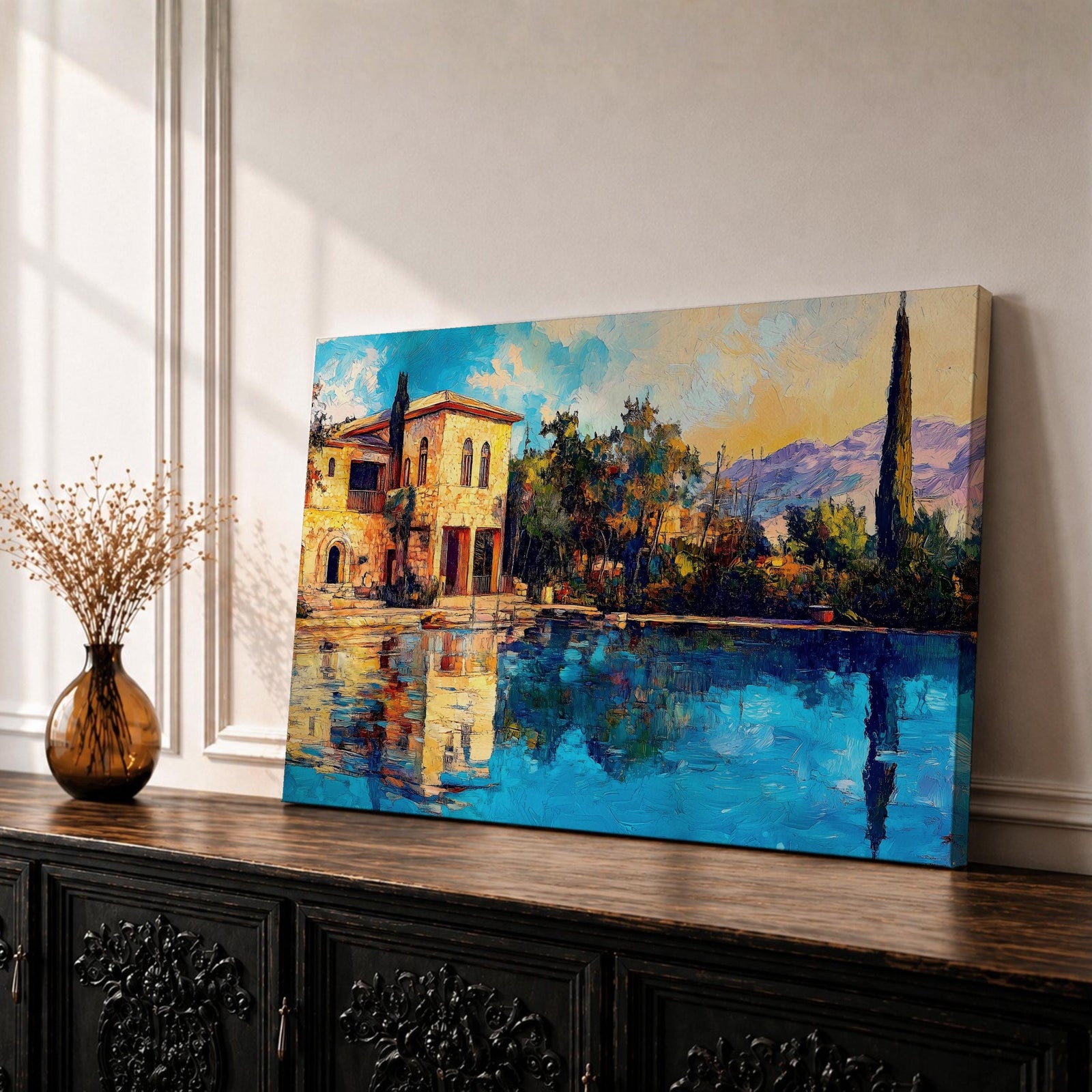 Mediterranean Villa Wall Art Toscana Framed Canvas Cypress Landscape Rustic Home Decor