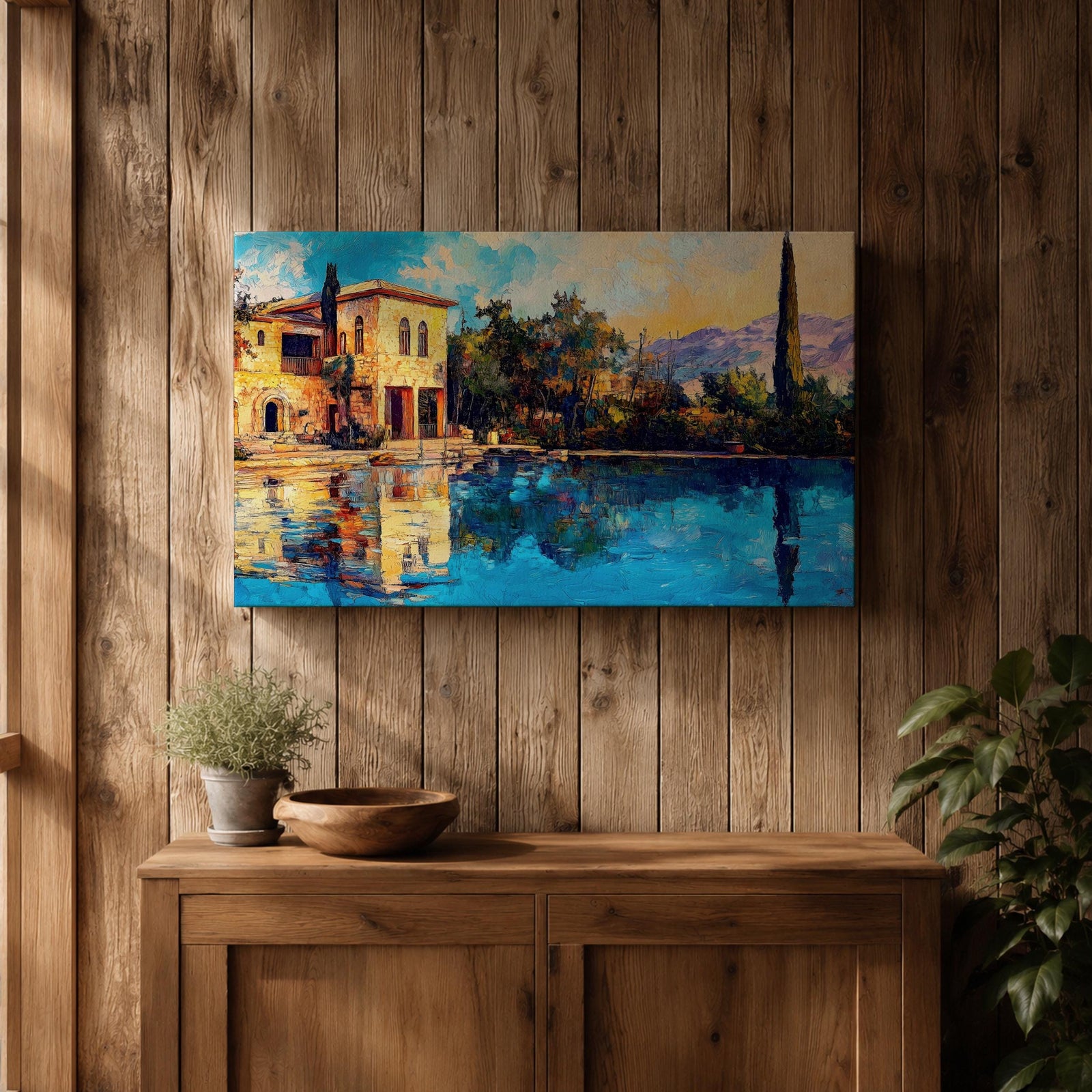 Mediterranean Villa Wall Art Toscana Framed Canvas Cypress Landscape Rustic Home Decor