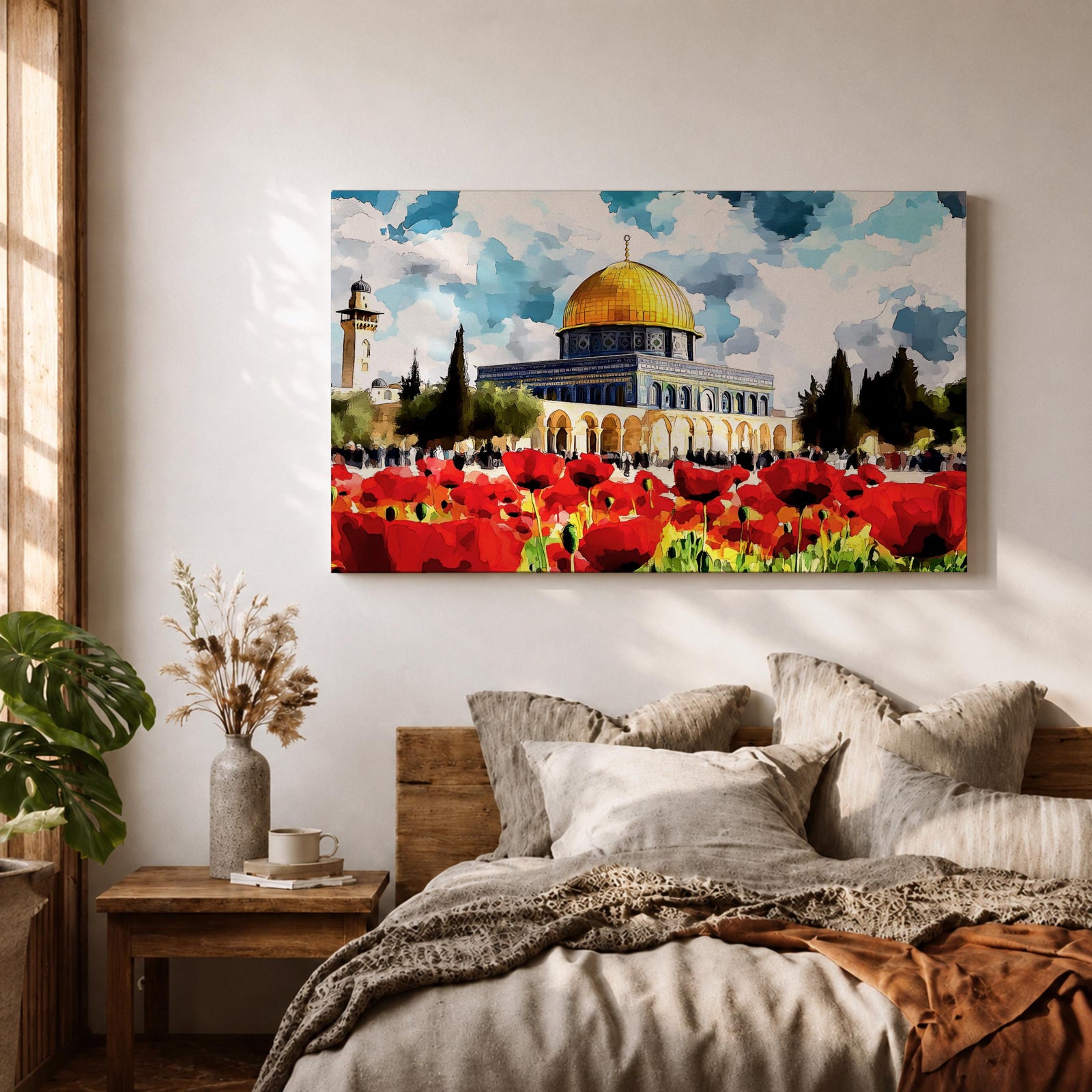 Dome of the Rock Wall Art Haram Al-Sharif Framed Canvas Poppy Field Islamic Decor