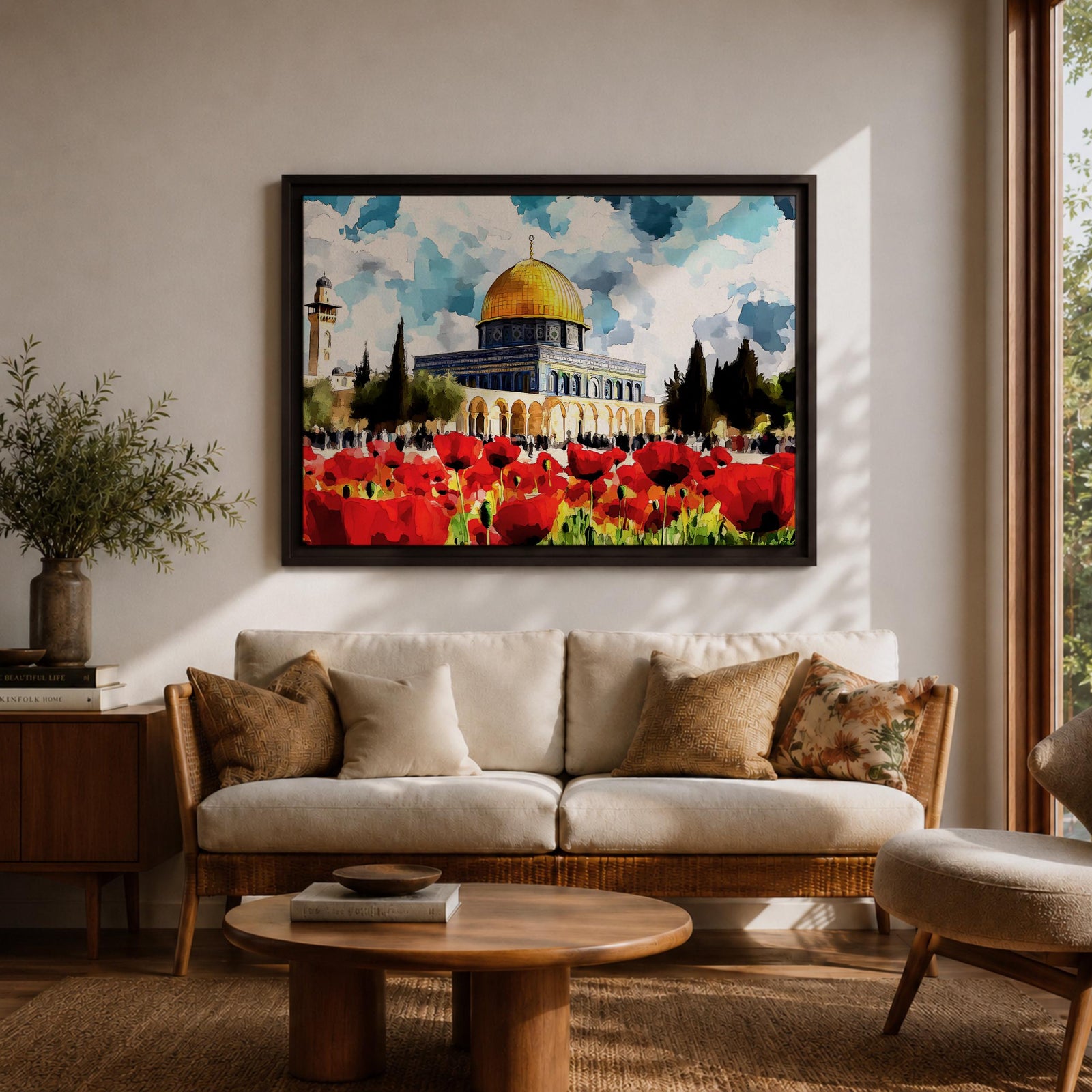 Dome of the Rock Wall Art Haram Al-Sharif Framed Canvas Poppy Field Islamic Decor