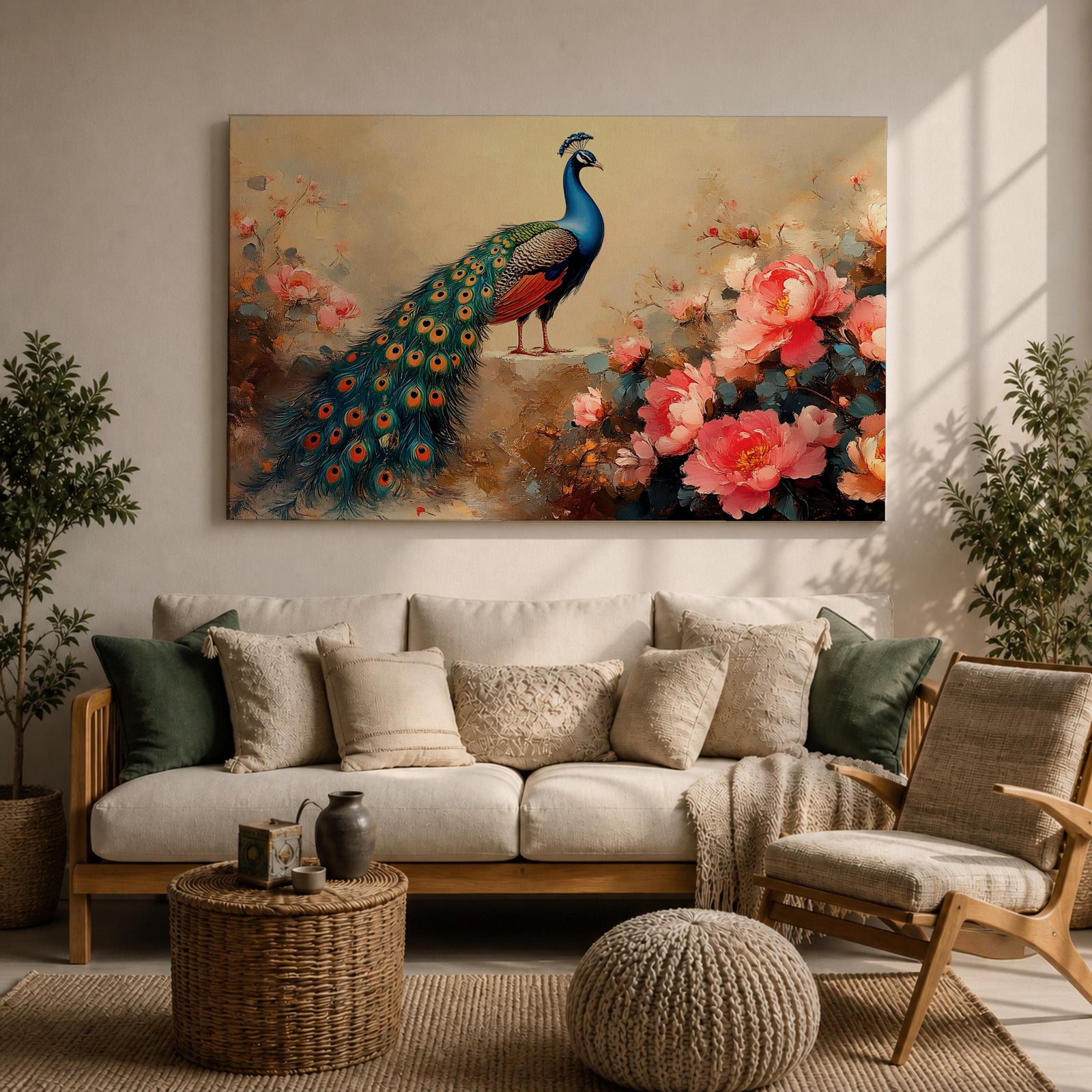 Peacock Wall Art Royal Feathers Framed Canvas Indian Peafowl Botanical Floral Exotic Garden Decor
