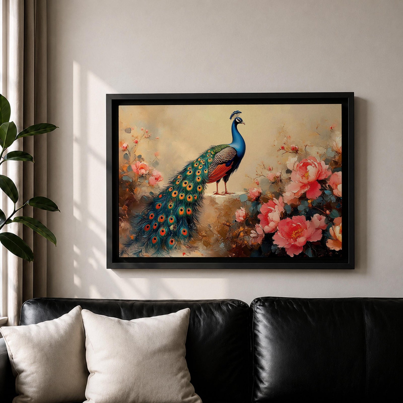 Peacock Wall Art Royal Feathers Framed Canvas Indian Peafowl Botanical Floral Exotic Garden Decor