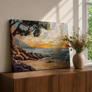 Sunset Beach Wall Art Coastal Landscape Framed Canvas Mosaic Seascape Coastal Home Decor