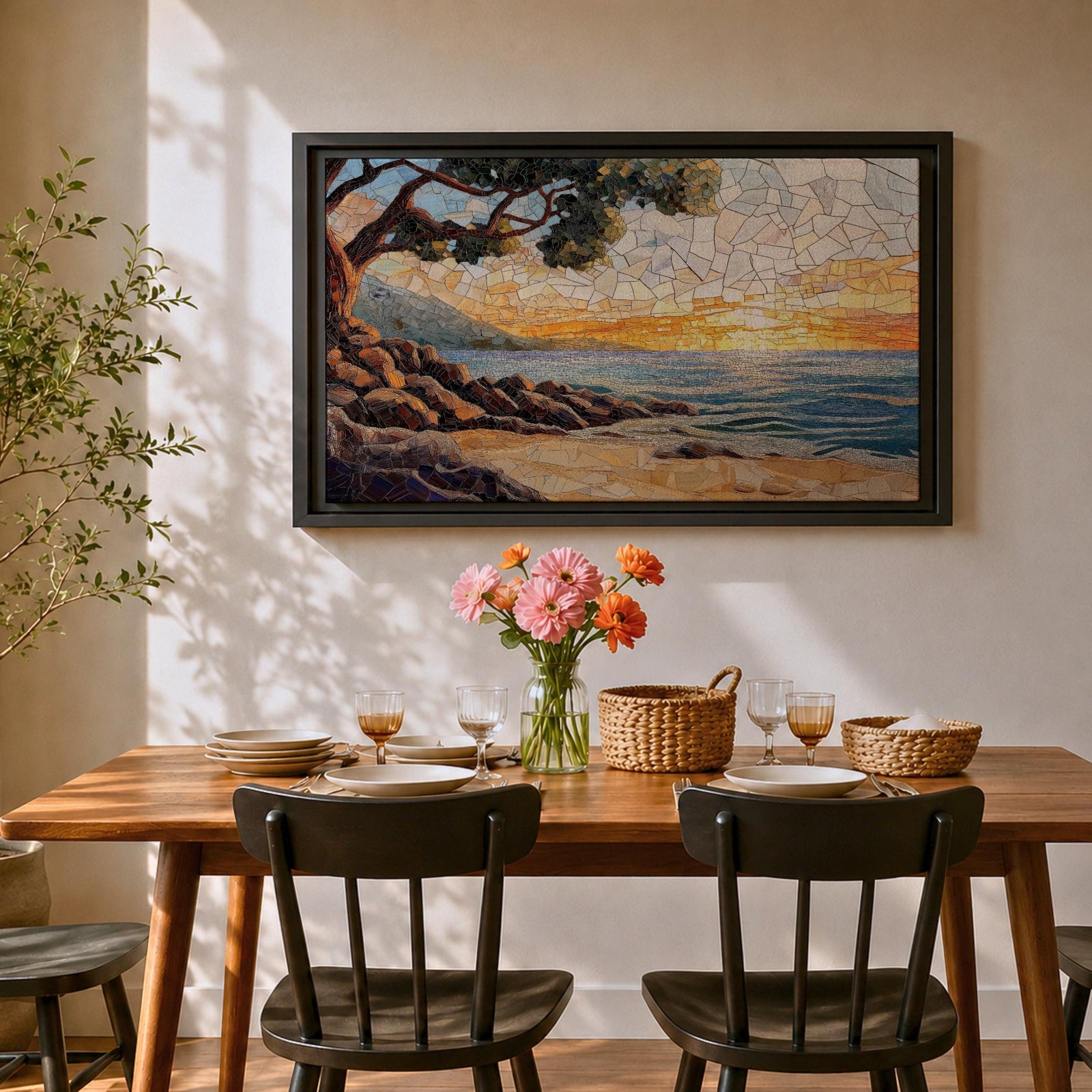 Sunset Beach Wall Art Coastal Landscape Framed Canvas Mosaic Seascape Coastal Home Decor