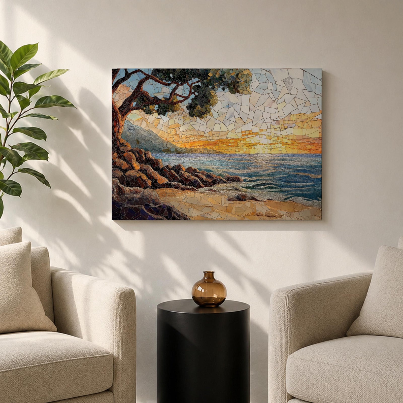 Sunset Beach Wall Art Coastal Landscape Framed Canvas Mosaic Seascape Coastal Home Decor