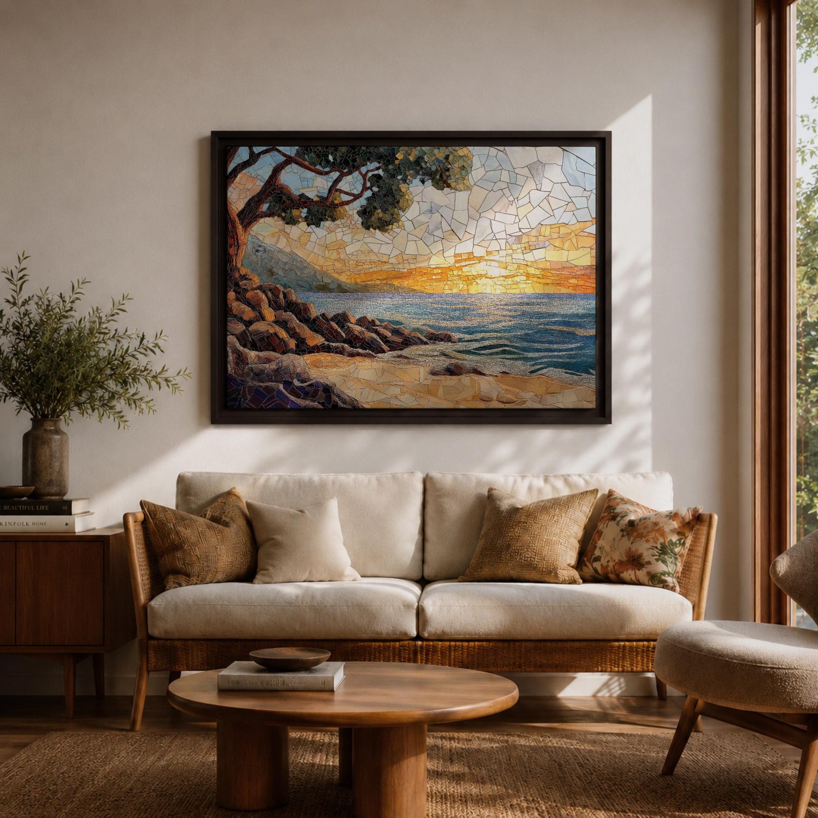 Sunset Beach Wall Art Coastal Landscape Framed Canvas Mosaic Seascape Coastal Home Decor