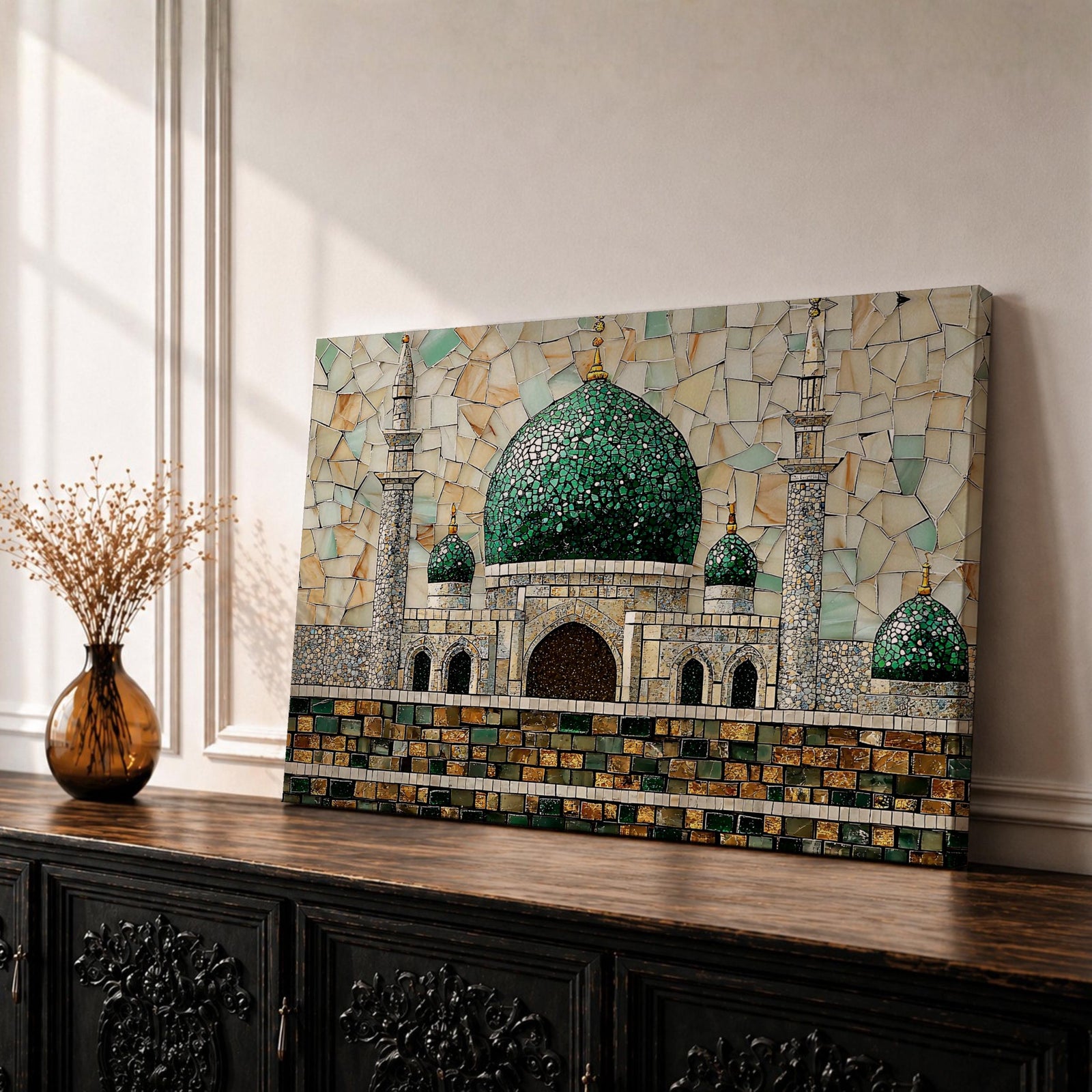 Masjid Al Nabawi Wall Art Prophets Mosque Framed Canvas Green Dome Mosaic Islamic Decor