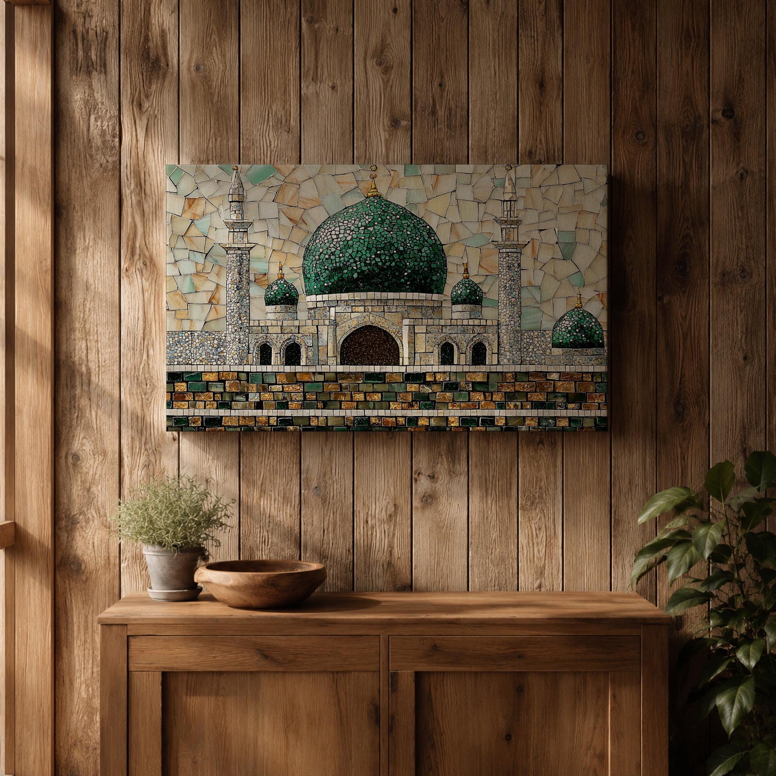 Masjid Al Nabawi Wall Art Prophets Mosque Framed Canvas Green Dome Mosaic Islamic Decor