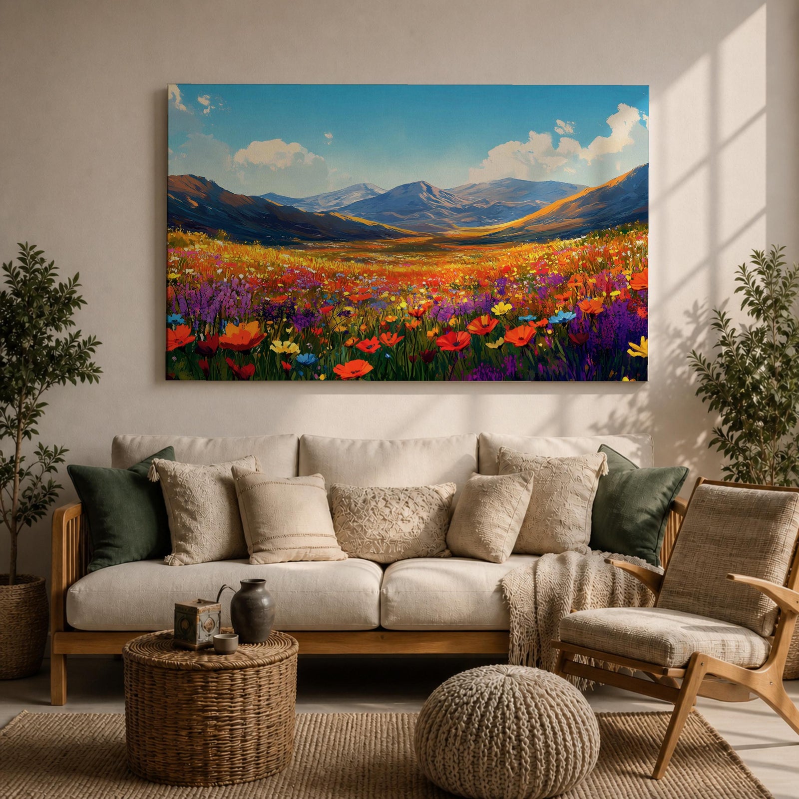Mountain Wildflower Wall Art Alpine Meadow Framed Canvas Landscape Impasto Rustic Home Decor