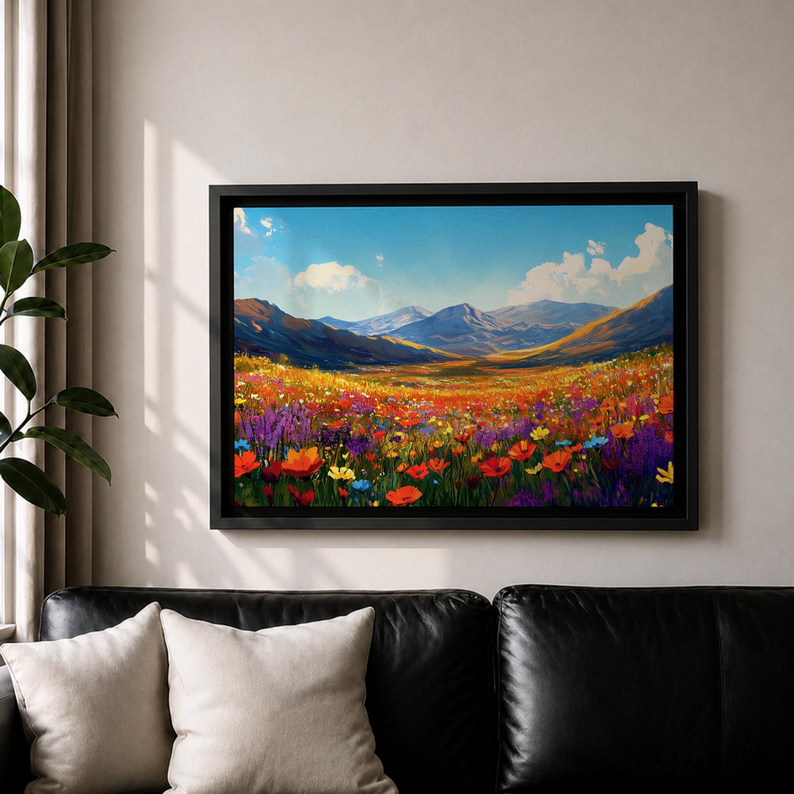 Mountain Wildflower Wall Art Alpine Meadow Framed Canvas Landscape Impasto Rustic Home Decor