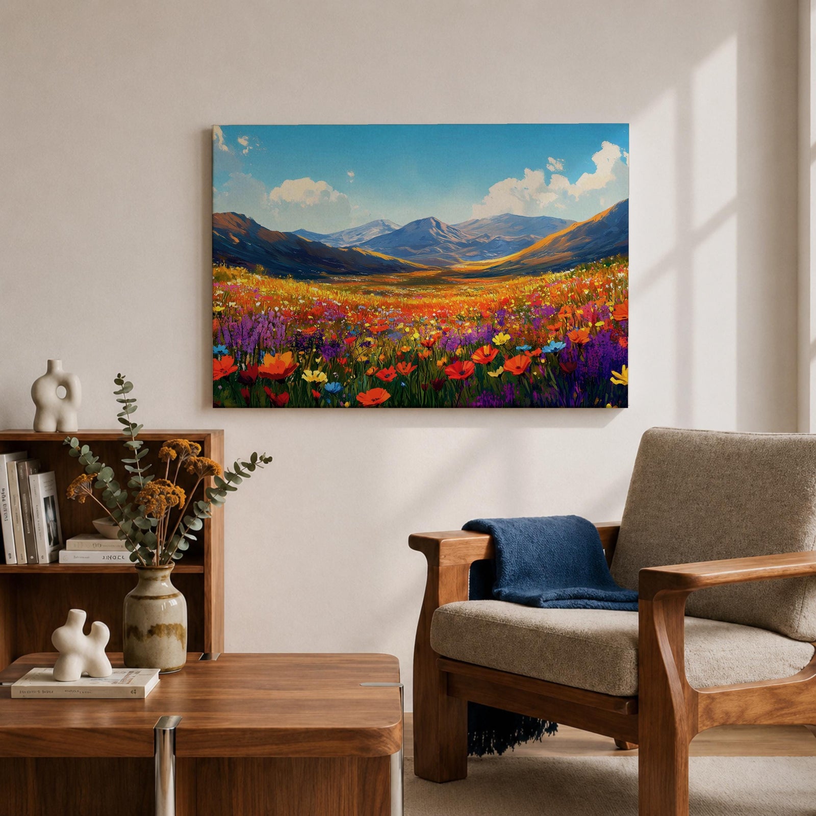 Mountain Wildflower Wall Art Alpine Meadow Framed Canvas Landscape Impasto Rustic Home Decor