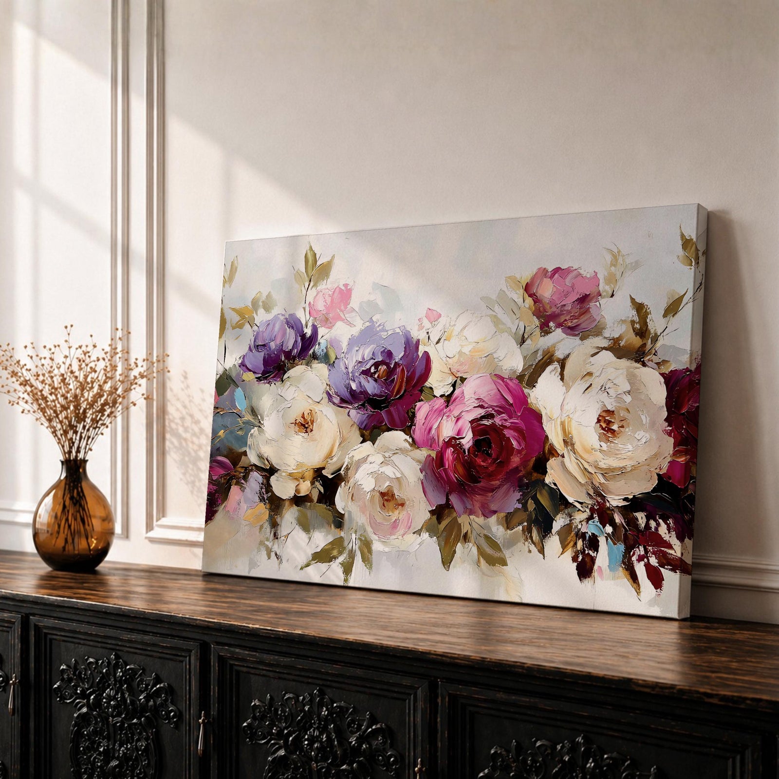Peony Wall Art Bouquet Framed Canvas Botanical Garden Impasto Floral Bedroom Home Decor