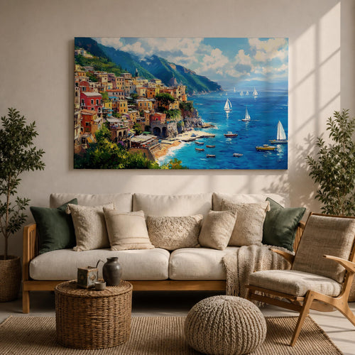 Amalfi Coast Wall Art Positano Italy Framed Canvas Mediterranean Landscape Living Room Decor