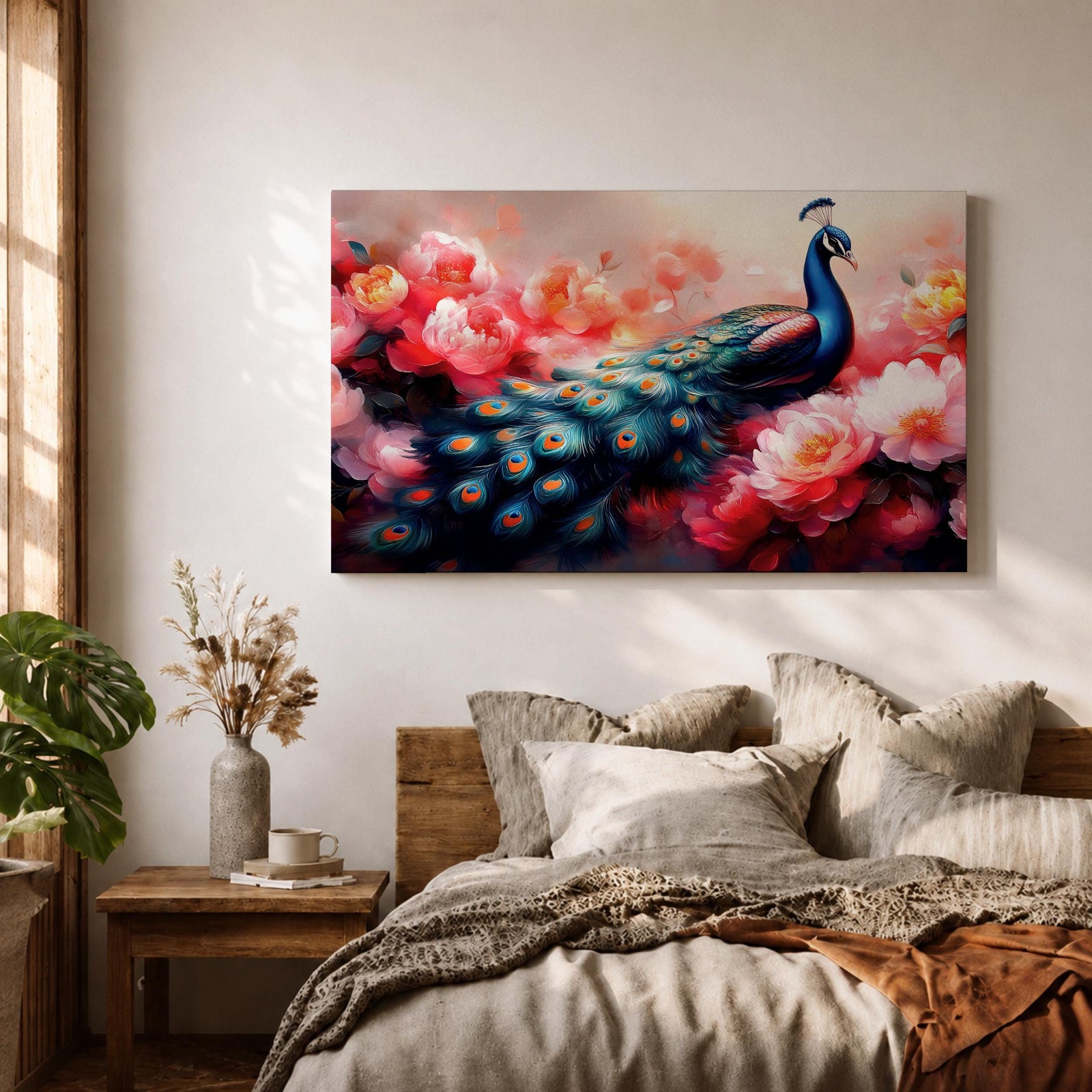 Peacock Wall Art Royal Feathers Framed Canvas Botanical Floral Nature Exotic Garden Decor