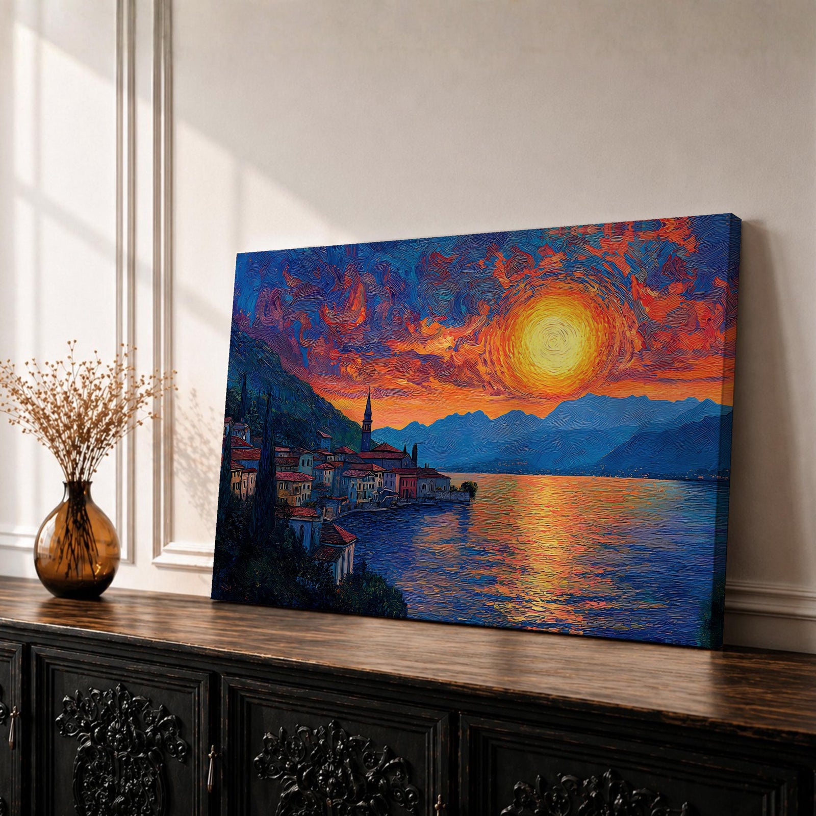 Lake Como Sunset Wall Art Italian Landscape Framed Canvas Coastal Impasto Rustic Home Decor