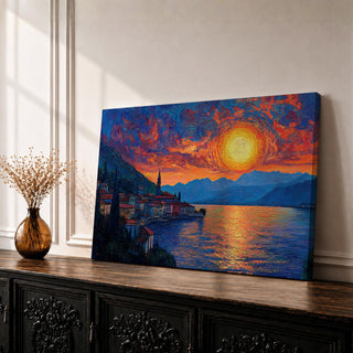 Lake Como Sunset Wall Art Italian Landscape Framed Canvas Coastal Impasto Rustic Home Decor