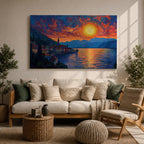 Lake Como Sunset Wall Art Italian Landscape Framed Canvas Coastal Impasto Rustic Home Decor