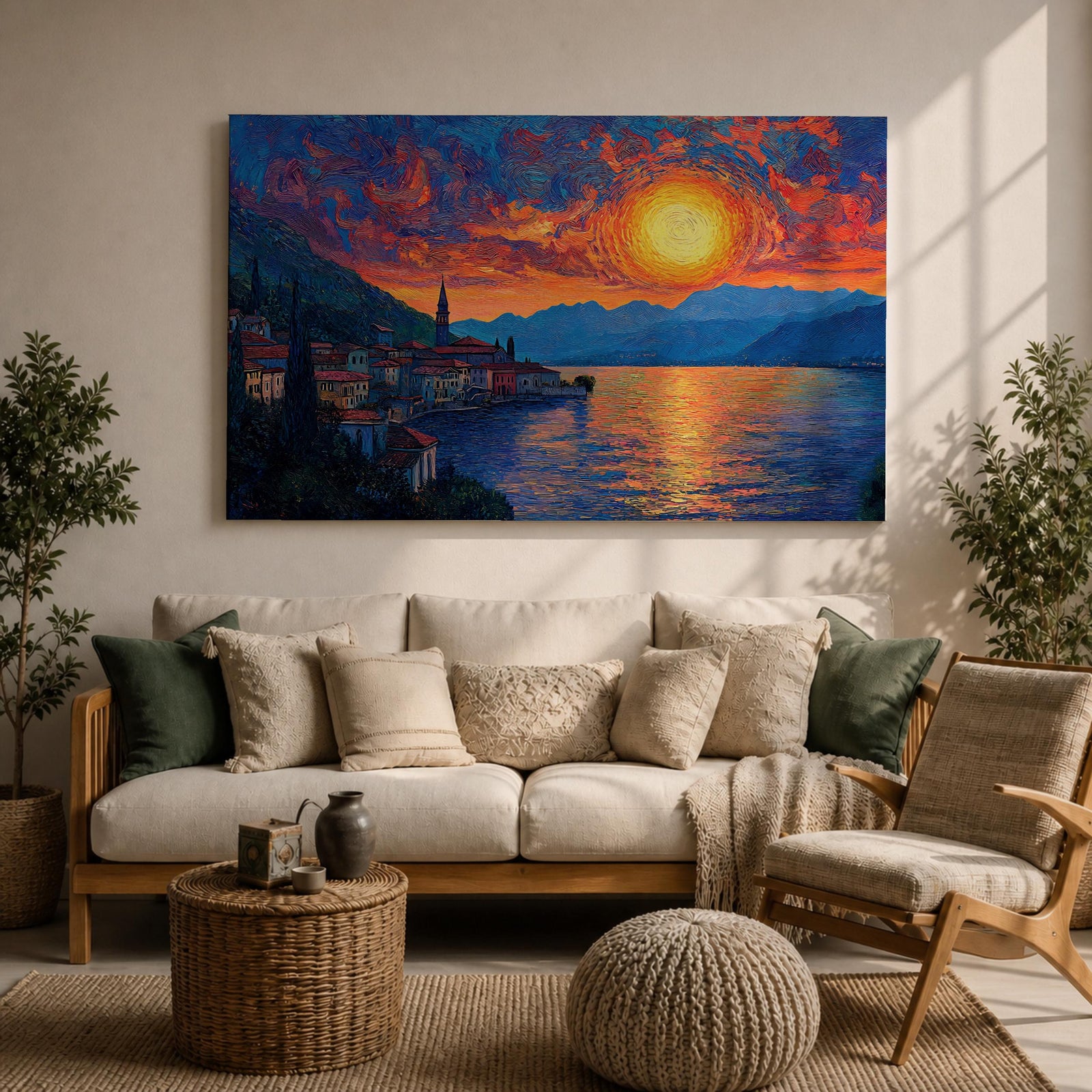 Lake Como Sunset Wall Art Italian Landscape Framed Canvas Coastal Impasto Rustic Home Decor